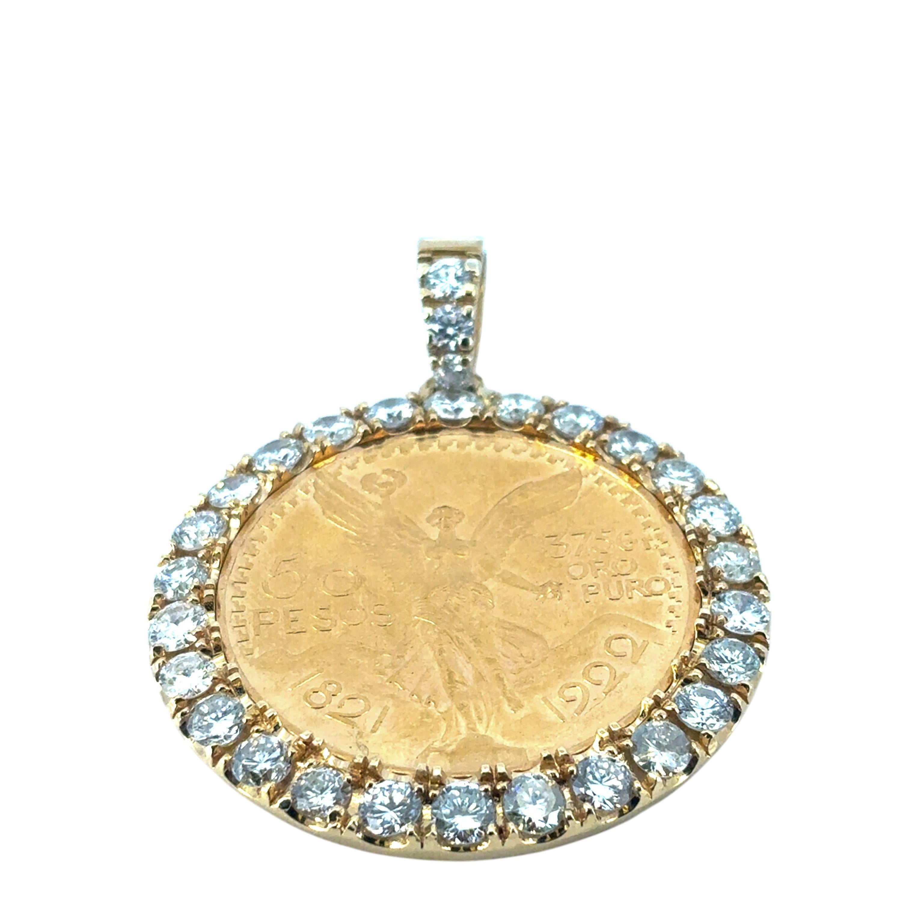 18k Yellow Gold Diamond Bezel Pendant with 1922 50 Peso 24k Gold Coin For Sale 4