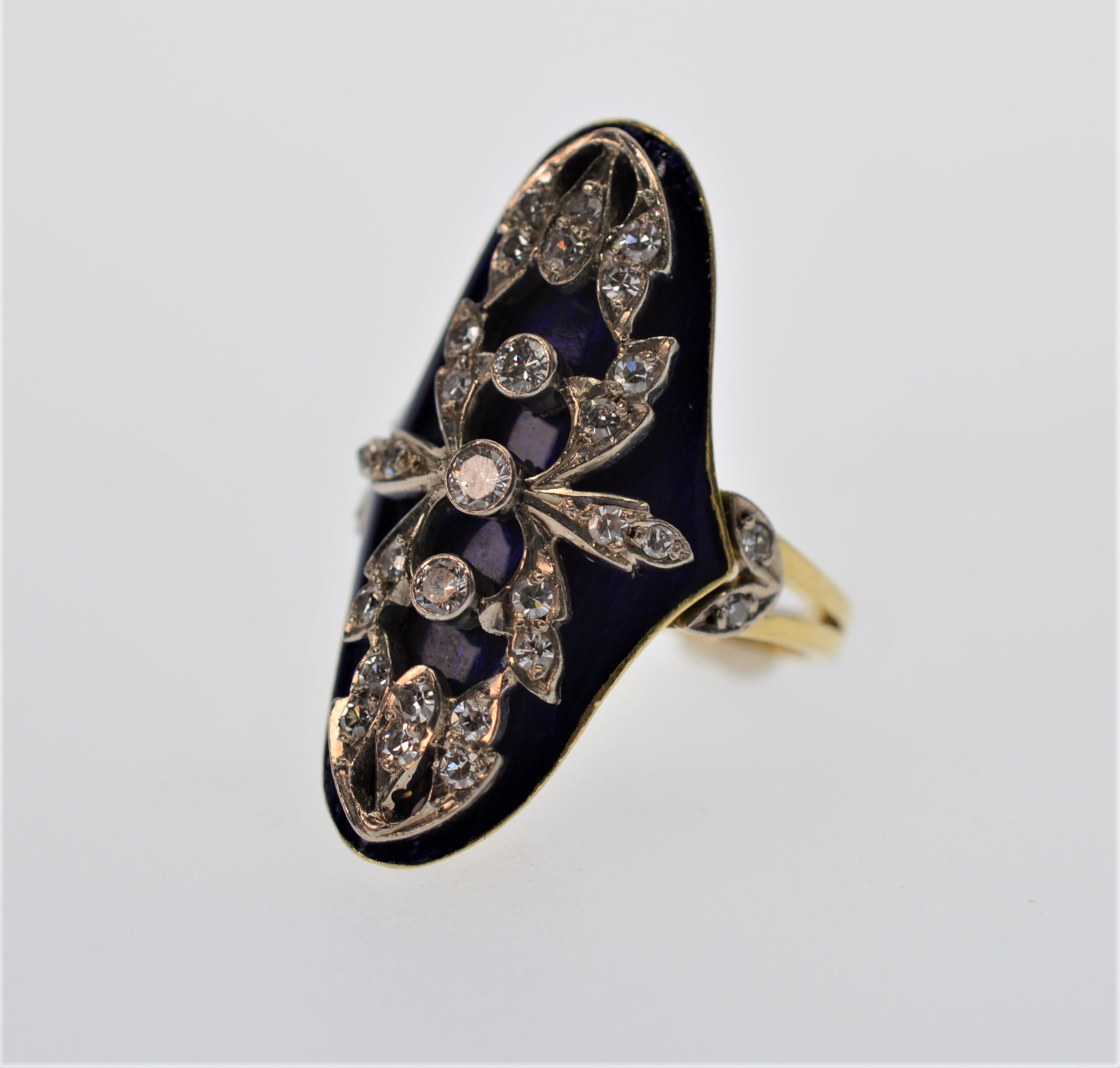 18K Yellow Gold & Diamond Blue Italian Enamel Ring  In Excellent Condition In Mount Kisco, NY