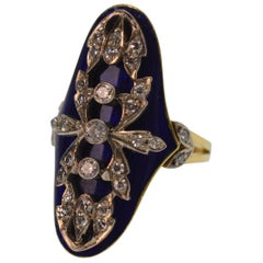 18K Yellow Gold & Diamond Blue Italian Enamel Ring 