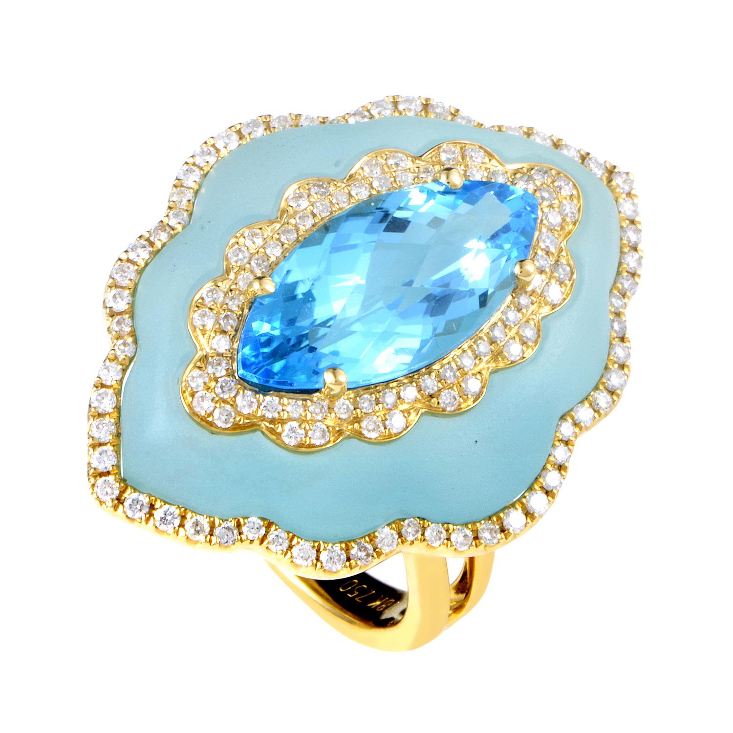 Women's 18 Karat Yellow Gold Diamond and Blue Topaz Gemstone Ring
