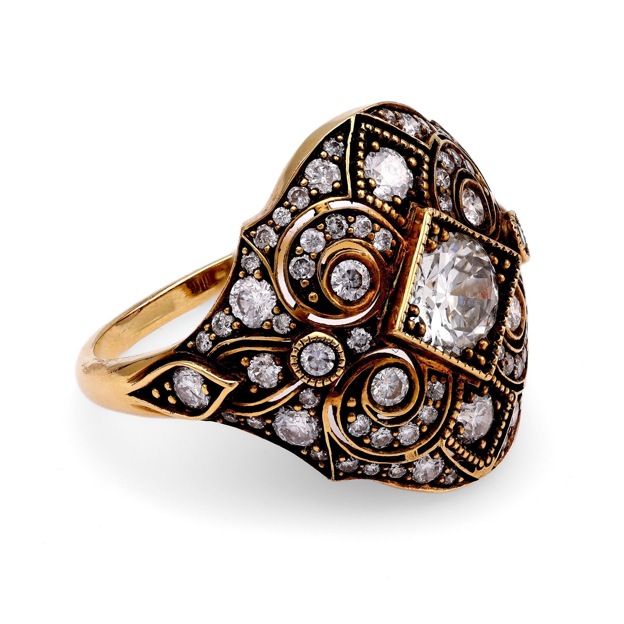 Old European Cut 18k Yellow Gold Diamond Bombe Ring For Sale