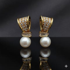 18K Yellow Gold Diamond Bow Earrings with Australian Pearl Drops, 1988