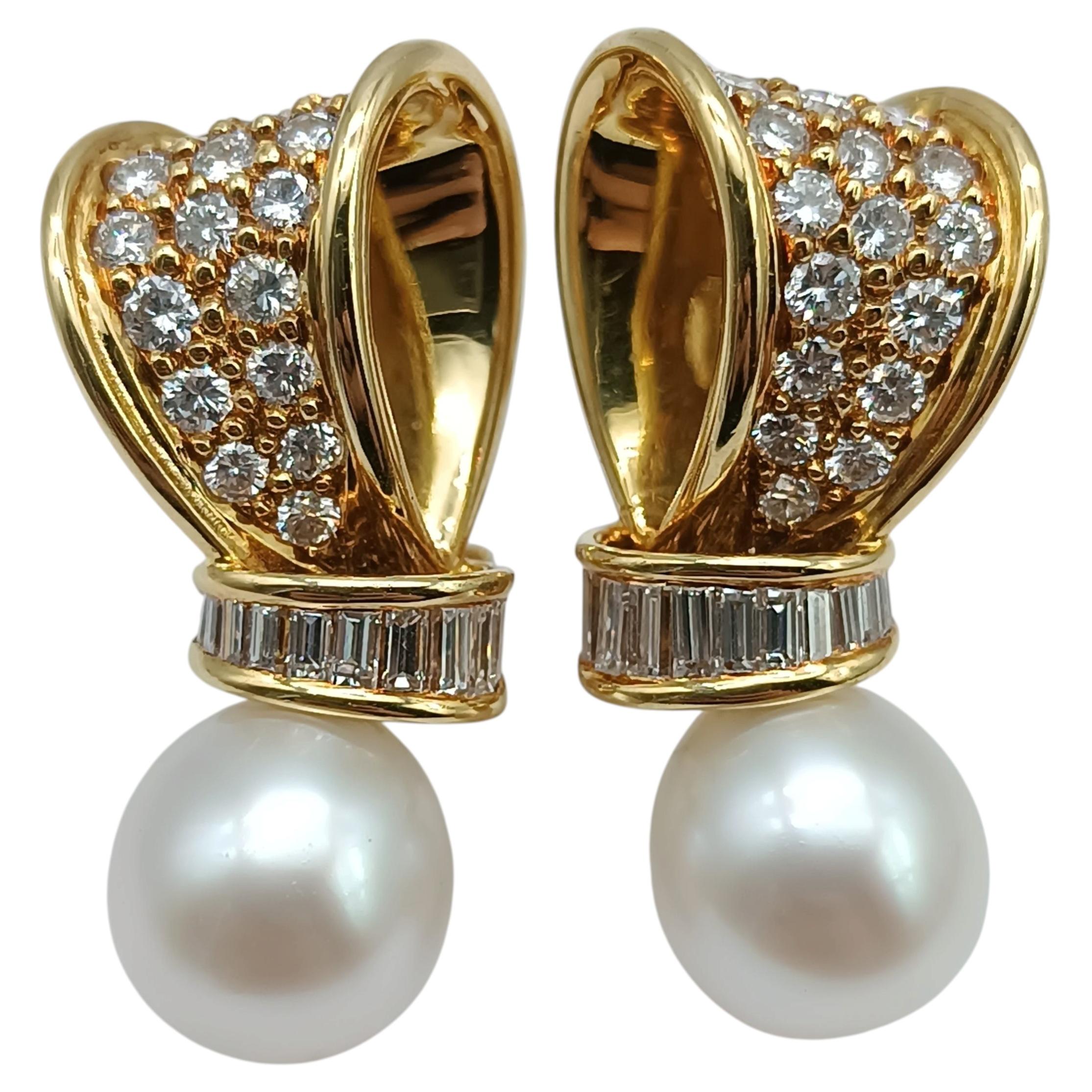 18K Yellow Gold Diamond Bow Earrings with Australian Pearl Drops, 1988 For Sale