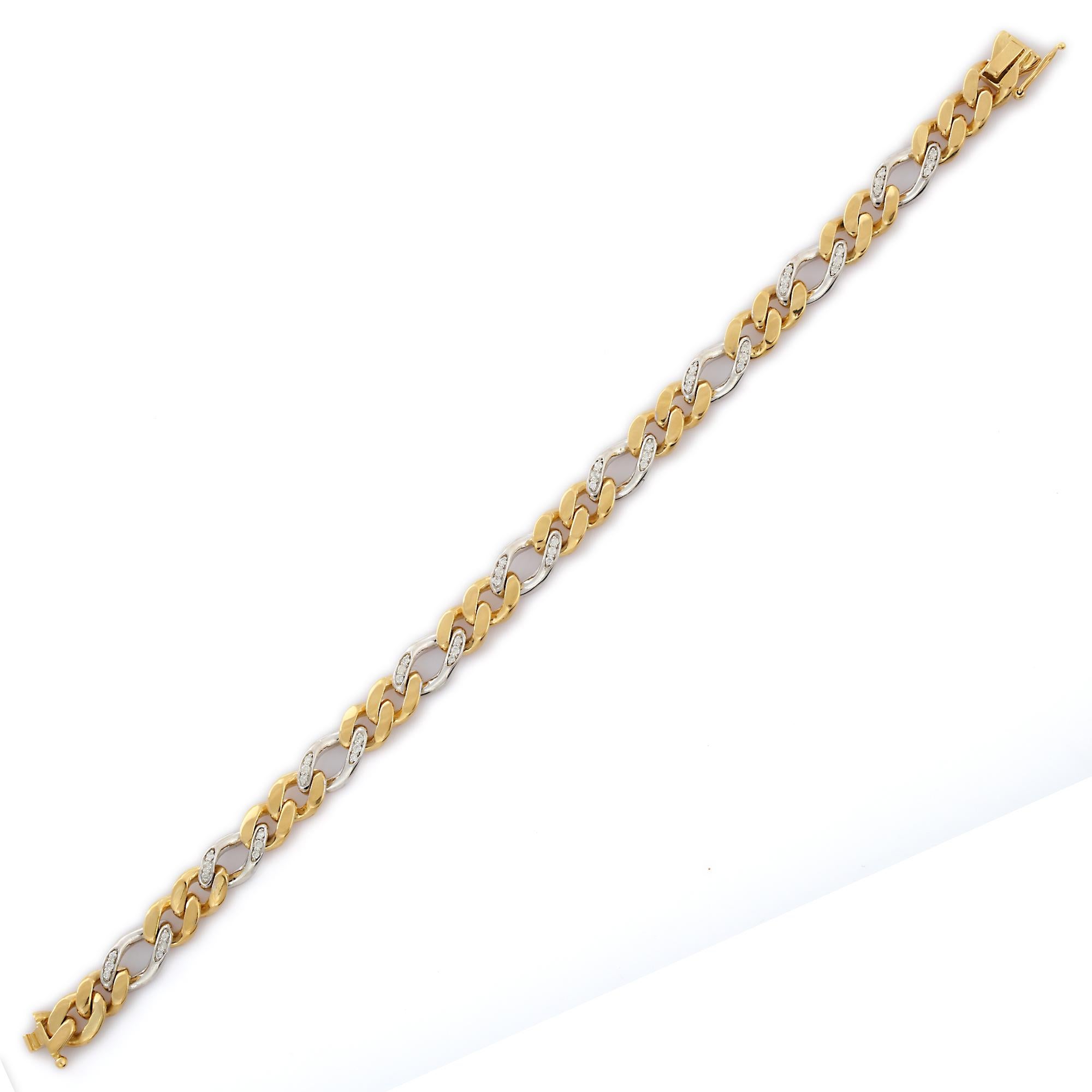 Taille ronde Bracelet en or jaune massif 18k pour homme avec chaîne de diamants en vente