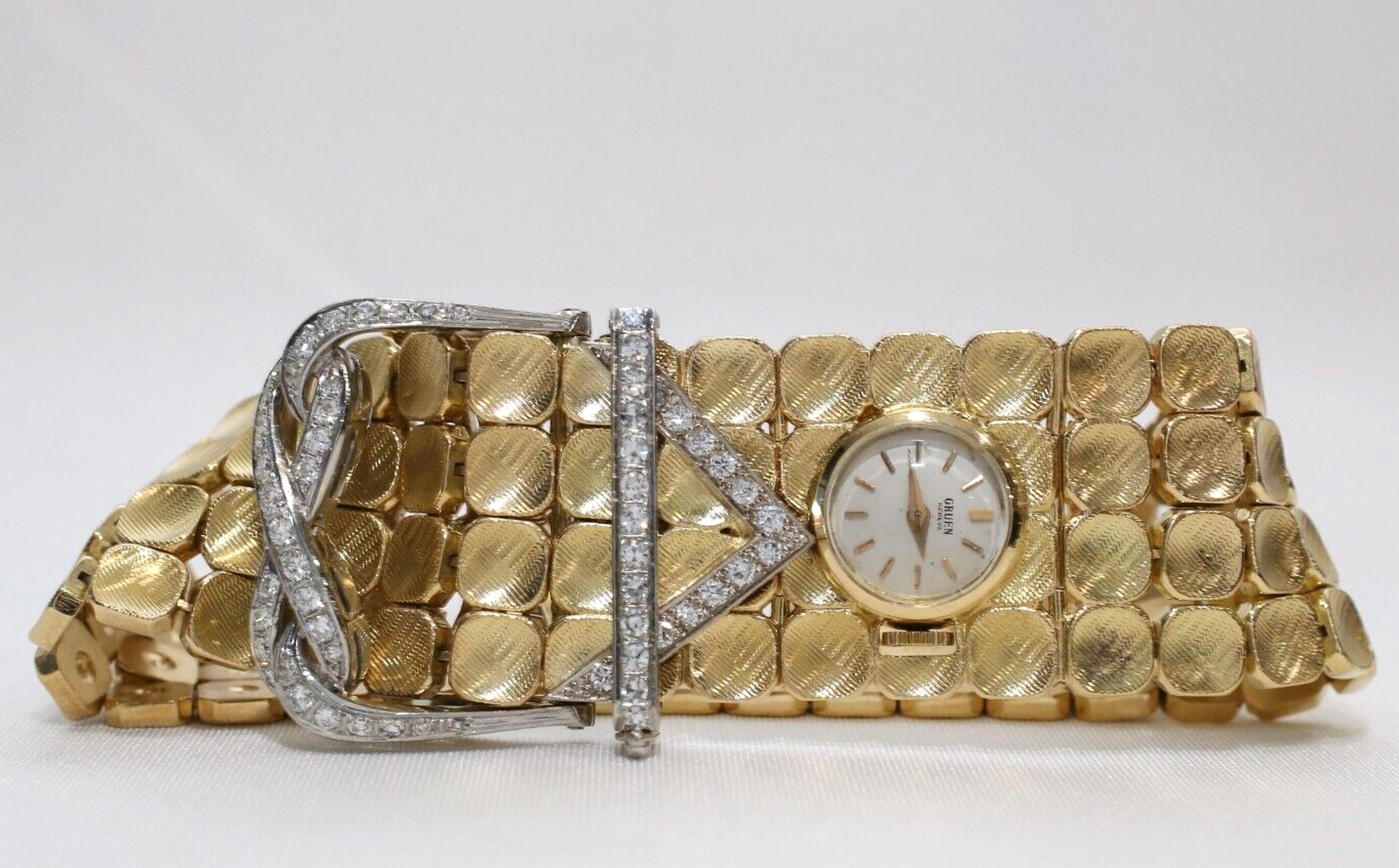 Round Cut 18k Yellow Gold Diamond Bracelet w/ Hidden Gruen Watch & Matching Earrings Set For Sale