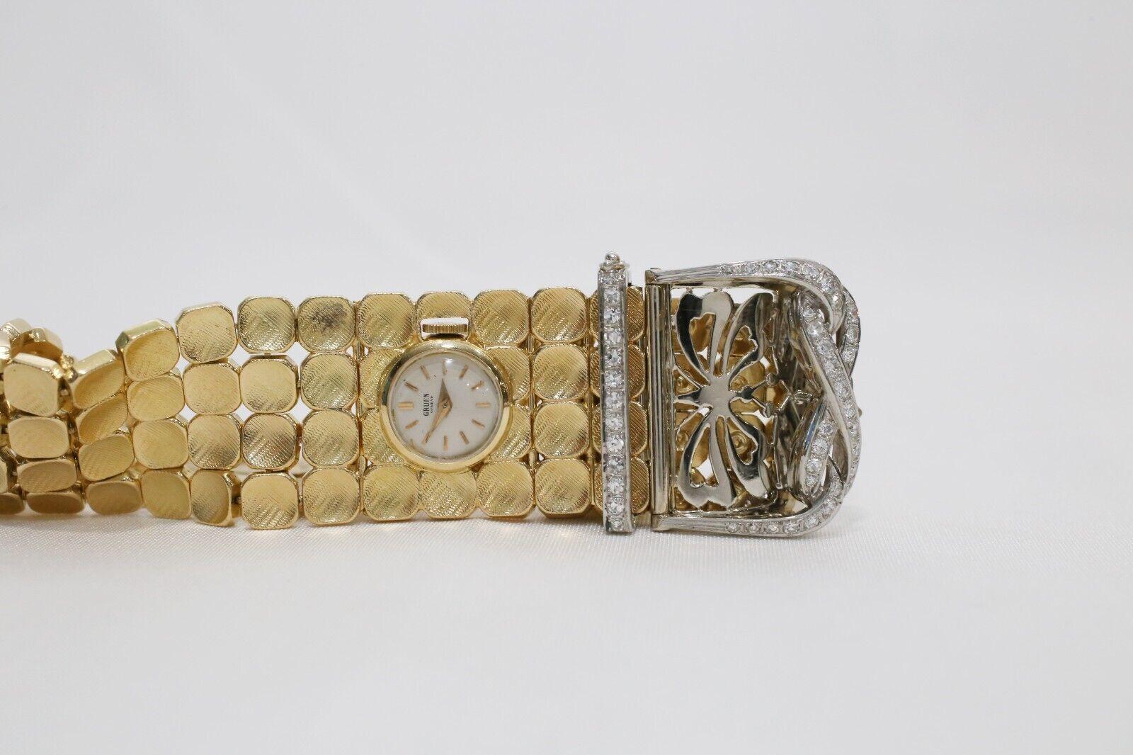 18k Yellow Gold Diamond Bracelet w/ Hidden Gruen Watch & Matching Earrings Set In Fair Condition For Sale In Providence, RI