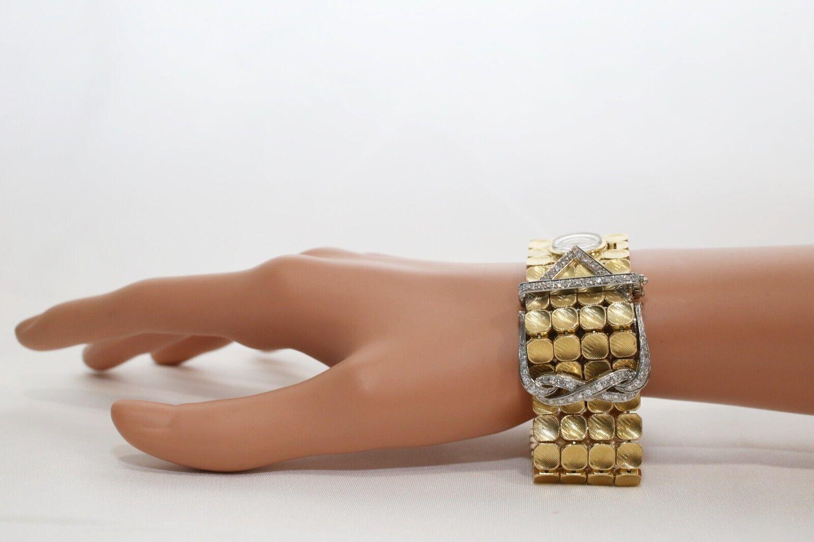 18k Yellow Gold Diamond Bracelet w/ Hidden Gruen Watch & Matching Earrings Set For Sale 1