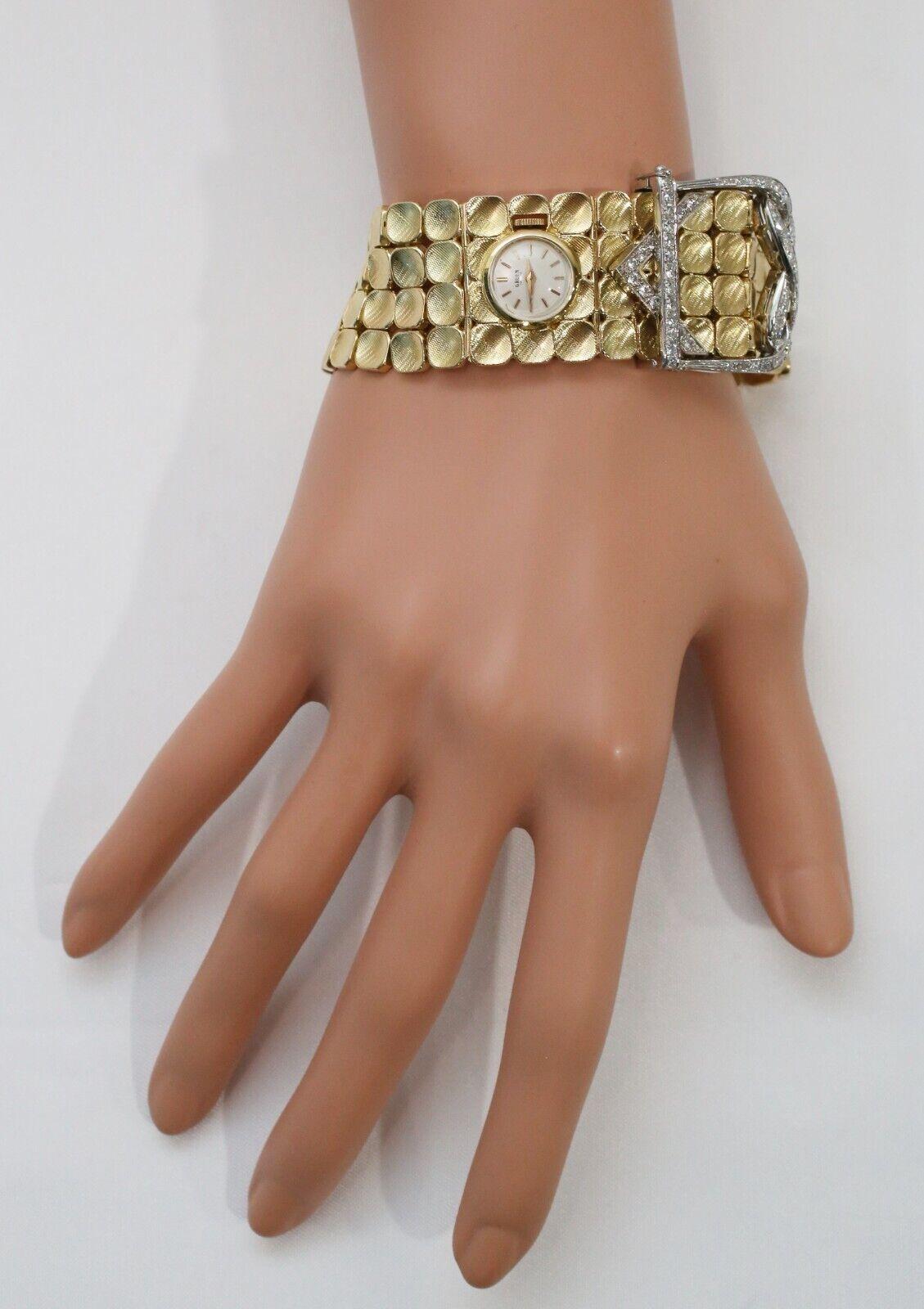 18k Yellow Gold Diamond Bracelet w/ Hidden Gruen Watch & Matching Earrings Set For Sale 3