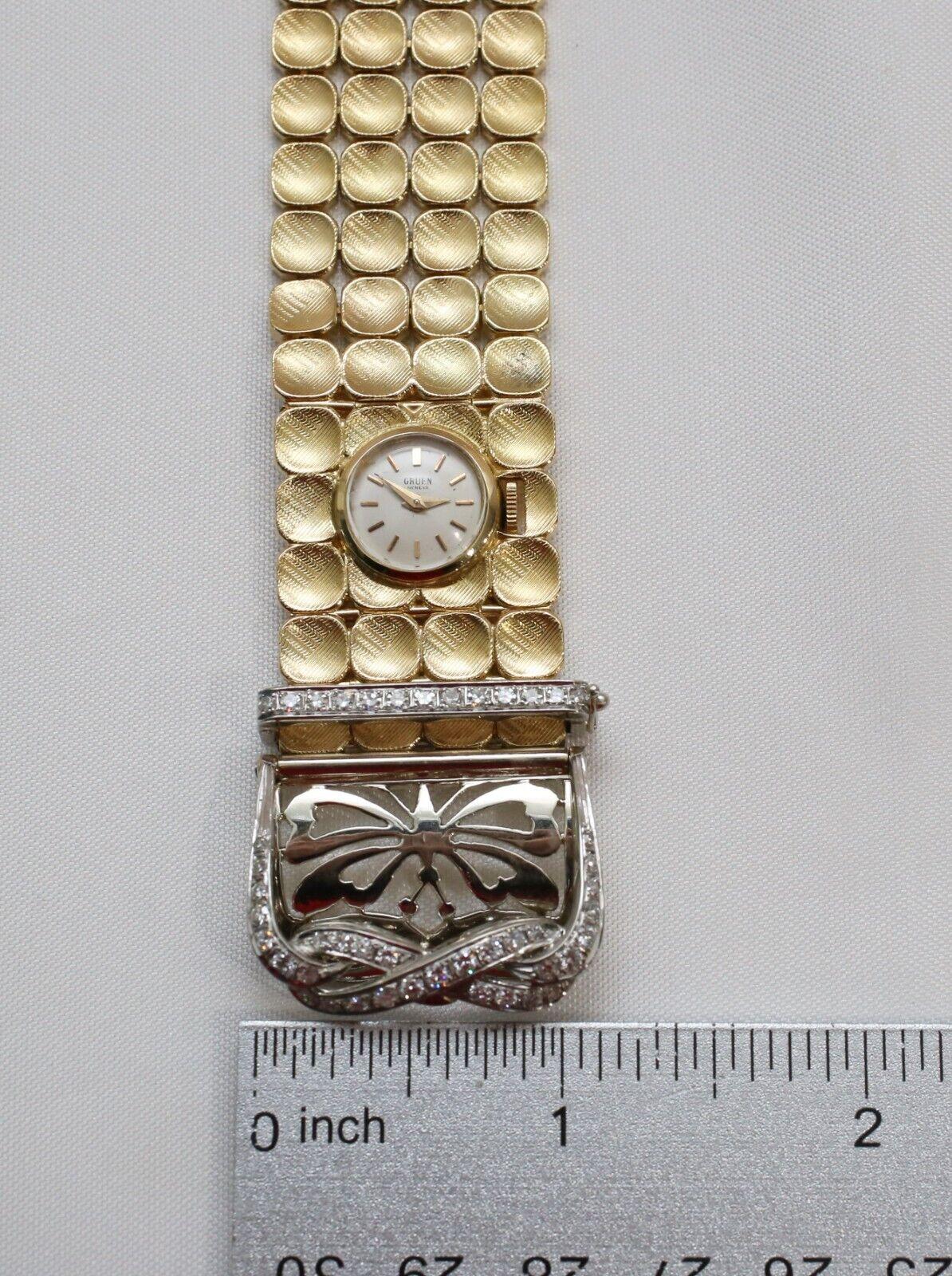 18k Yellow Gold Diamond Bracelet w/ Hidden Gruen Watch & Matching Earrings Set For Sale 4