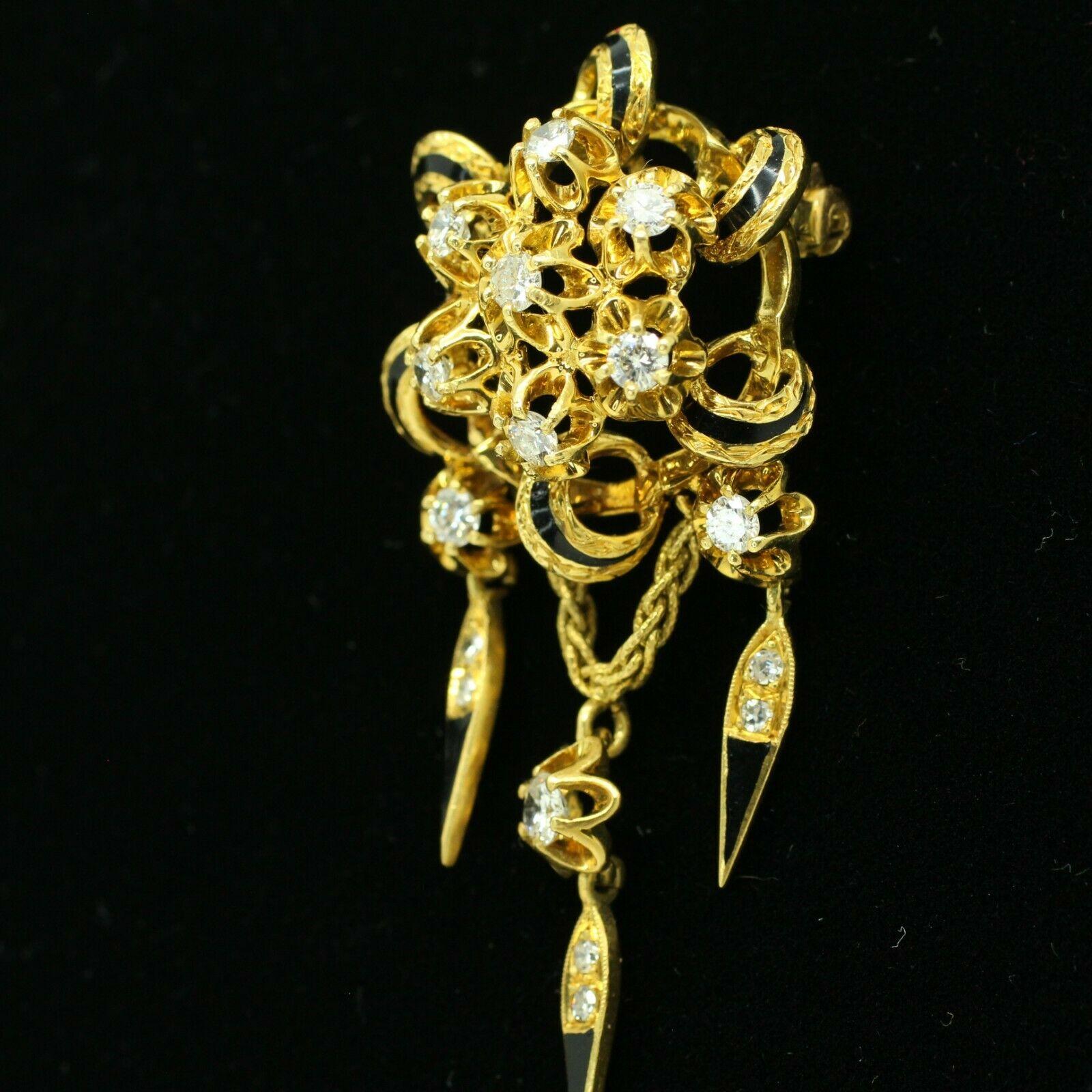 Contemporary 18k Yellow Gold Diamond Brooch with Enamel