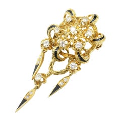 18k Yellow Gold Diamond Brooch with Enamel