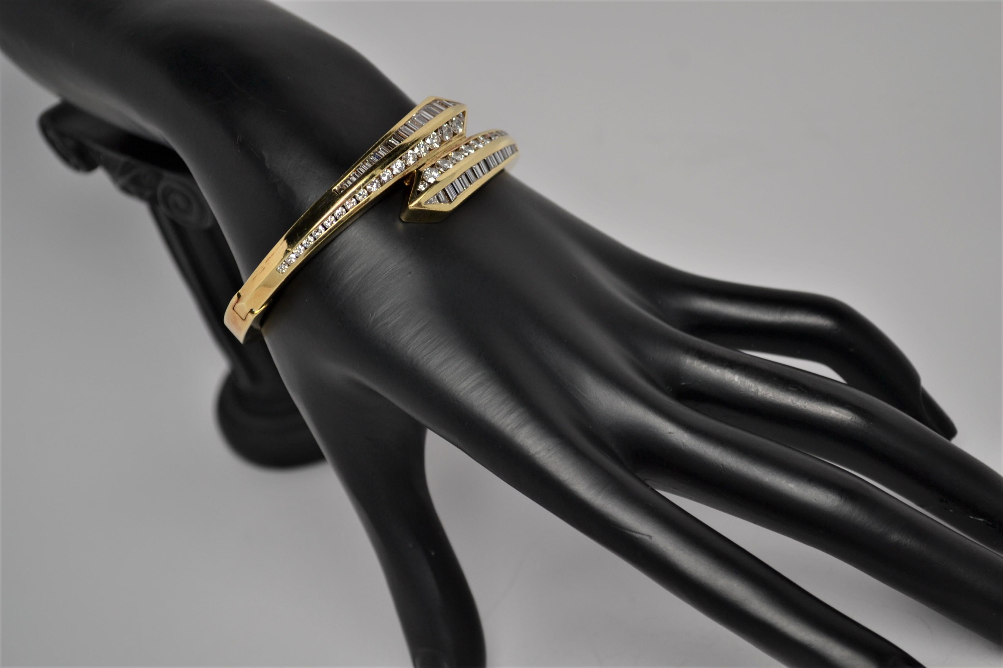 18k Yellow Gold & Diamond By Pass Bracelet with Rounds & Baguettes, 6.15 Carats For Sale 5