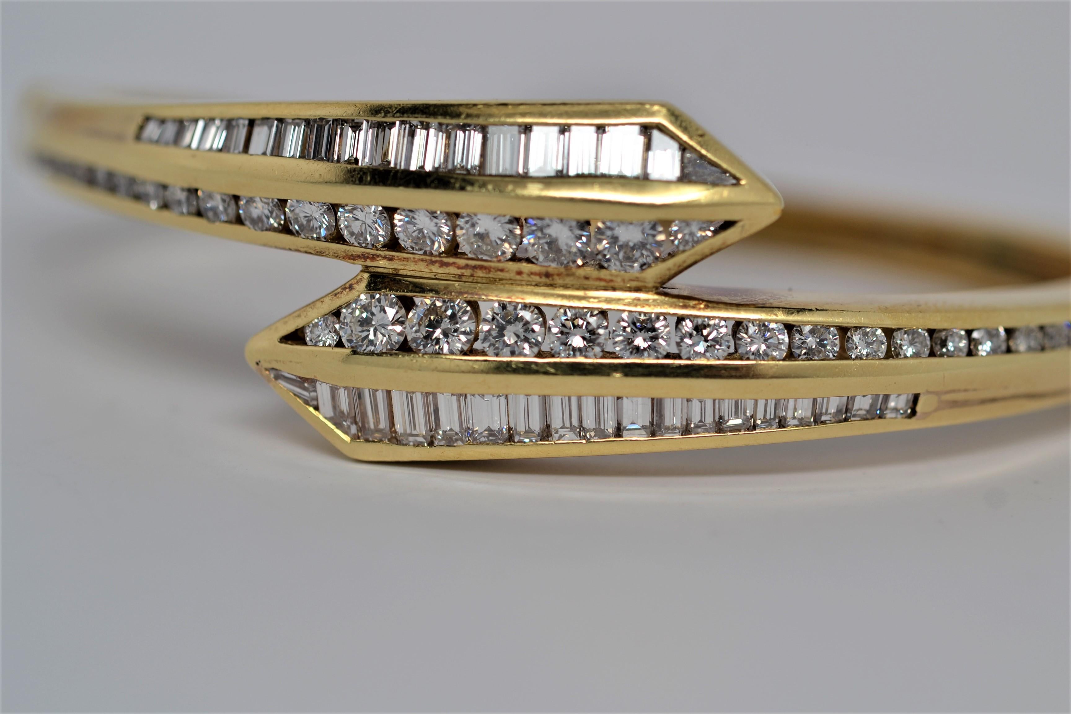 Baguette Cut 18k Yellow Gold & Diamond By Pass Bracelet with Rounds & Baguettes, 6.15 Carats For Sale