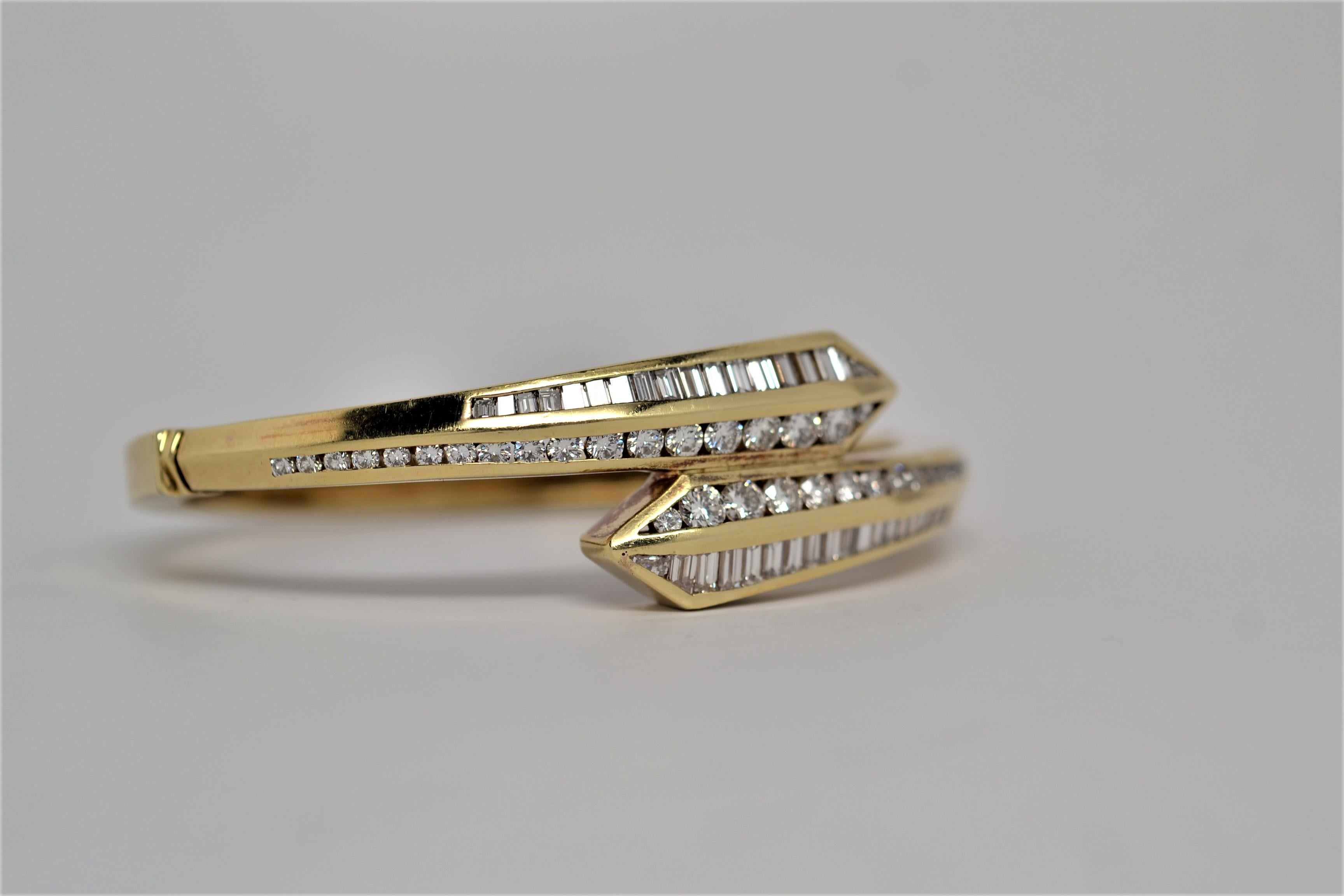 18k Yellow Gold & Diamond By Pass Bracelet with Rounds & Baguettes, 6.15 Carats In New Condition For Sale In New York, NY
