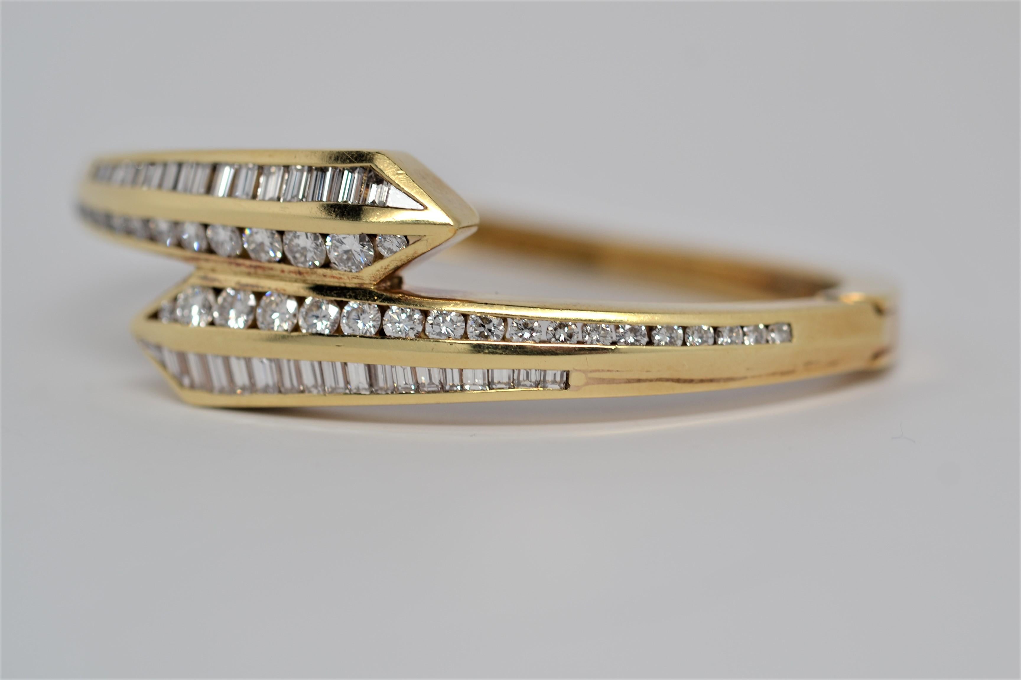 Women's 18k Yellow Gold & Diamond By Pass Bracelet with Rounds & Baguettes, 6.15 Carats For Sale