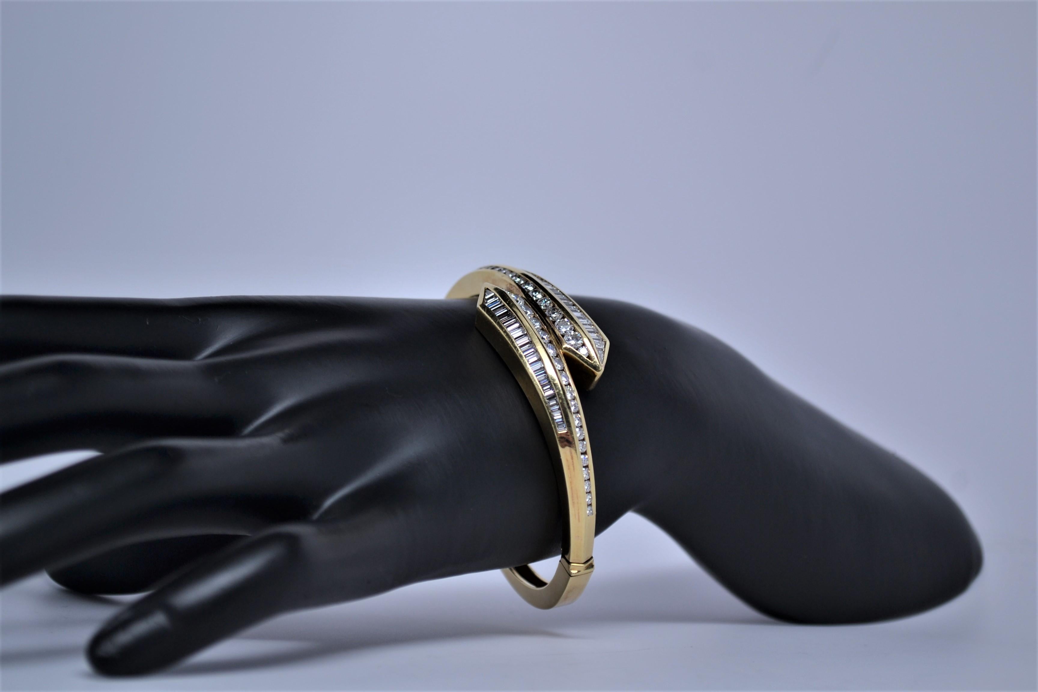 18k Yellow Gold & Diamond By Pass Bracelet with Rounds & Baguettes, 6.15 Carats For Sale 2