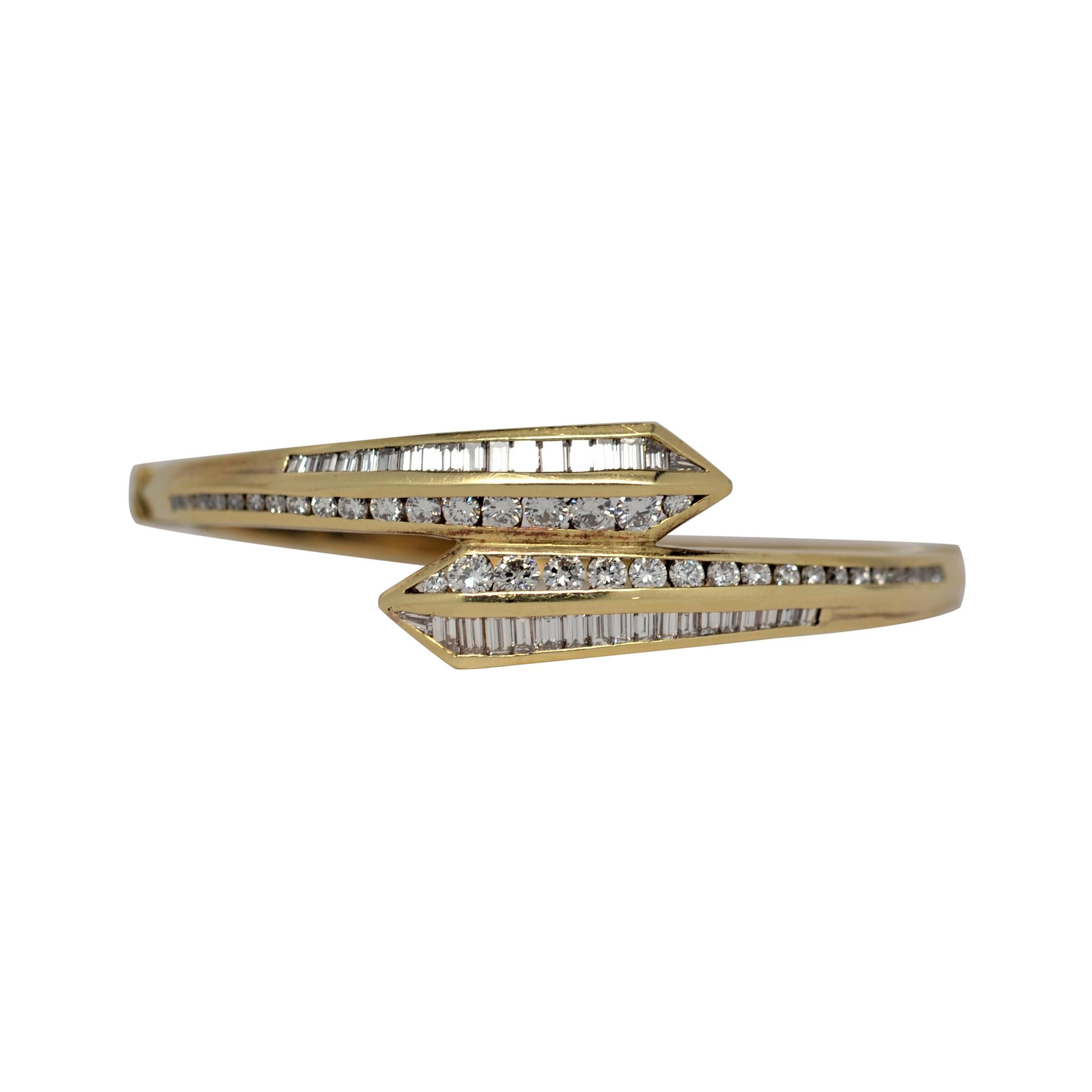 18k Yellow Gold & Diamond By Pass Bracelet with Rounds & Baguettes, 6.15 Carats For Sale