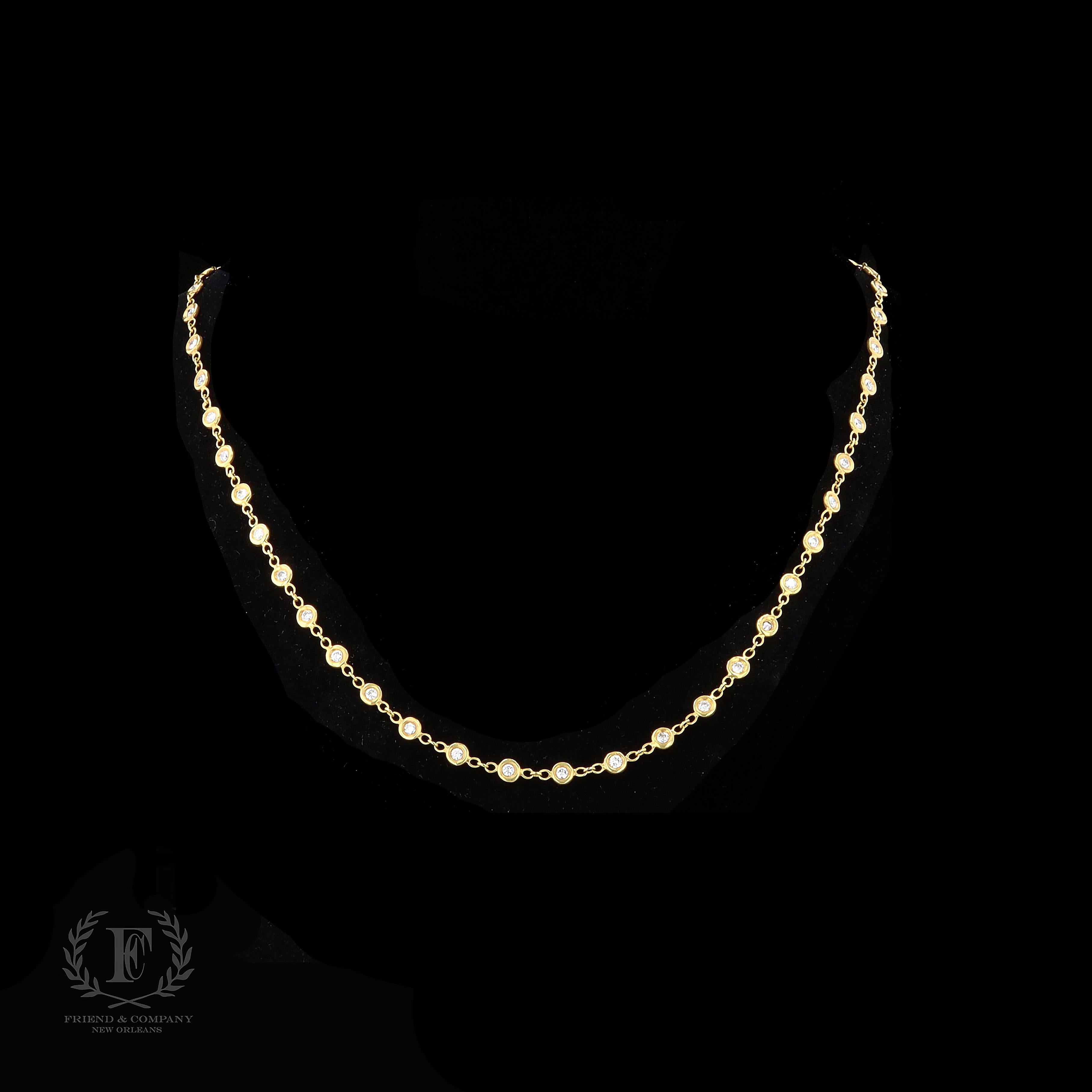 This dazzling diamond by the yard necklace is the perfect everyday jewelry piece to dress up or down. The necklace is set with round cut diamonds that weigh approximately 2.00 carats total. The color of the diamonds is G-H with SI clarity. The