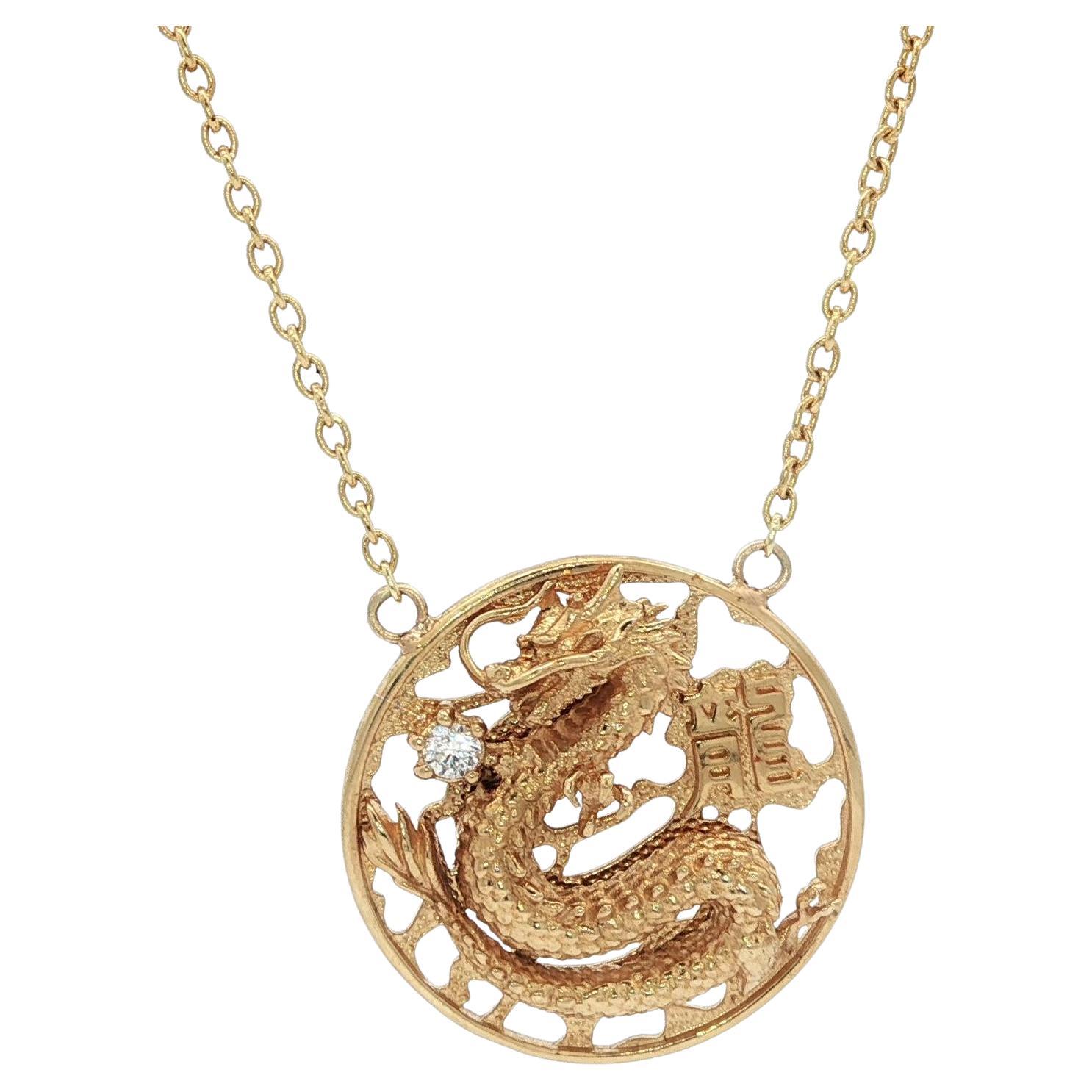 18k Yellow Gold Diamond Chinese Dragon Round Pendant Adjustable Cable Chain