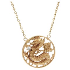 18k Yellow Gold Diamond Chinese Dragon Round Pendant Adjustable Cable Chain