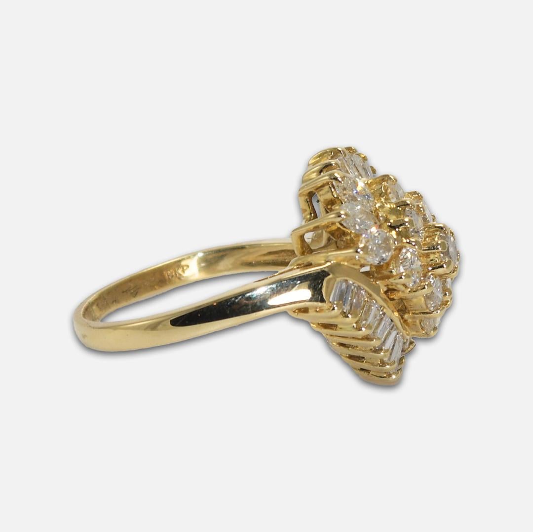Baguette Cut 18K Yellow Gold Diamond Cluster Ring 1.50ct For Sale