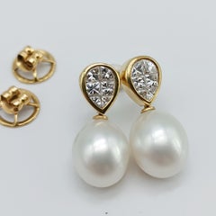 18K Yellow Gold Diamond Cluster South Sea Pearl Drop Earrings