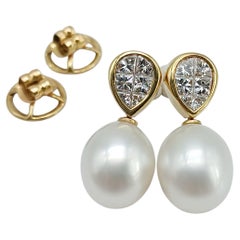18K Yellow Gold Diamond Cluster South Sea Pearl Drop Earrings