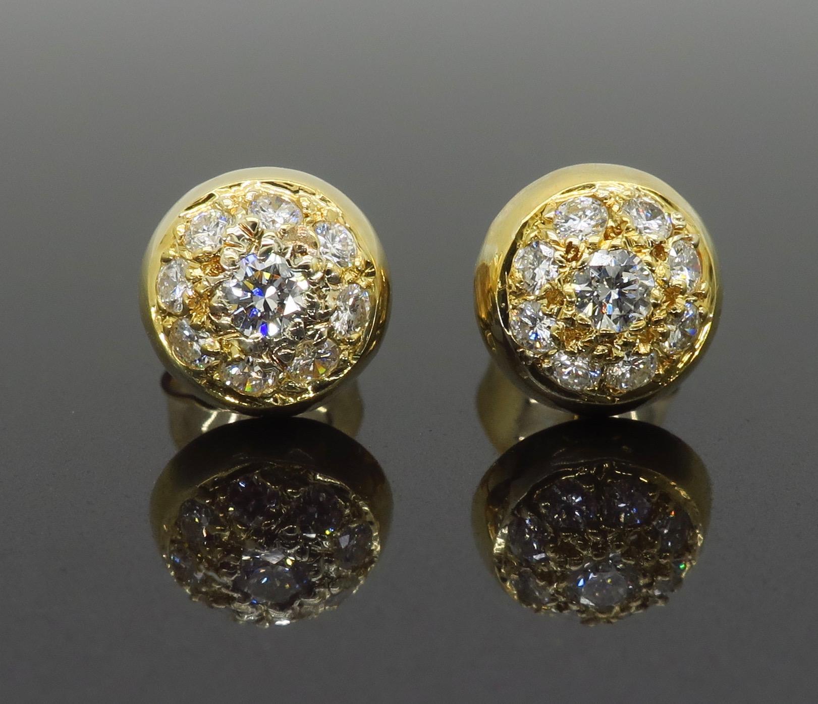 Round Brilliant Cut cluster diamond earrings crafted in 18k yellow gold.

Gemstone: Diamond 
Diamond Cut: 18 Round Brilliant Cut Diamonds
Average Diamond Color: G-I
Average Diamond Clarity: VS
Diamond Carat Weight: Approximately .50CTW
Metal: 18K