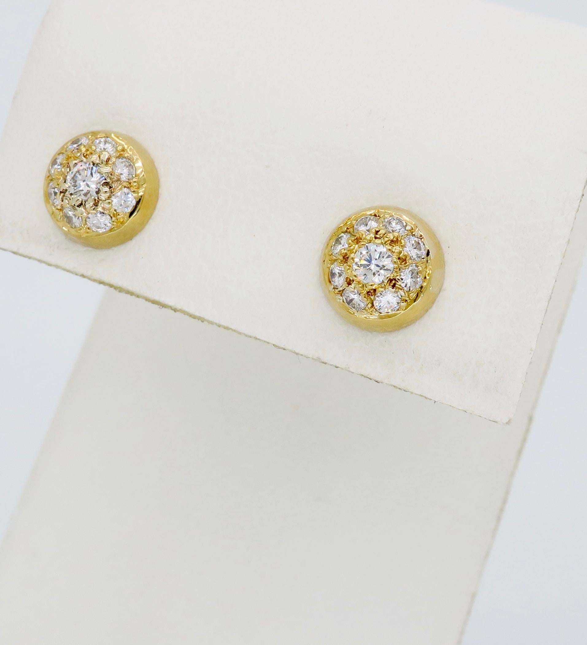 Round Cut 18 Karat Yellow Gold Diamond Cluster Studs Earrings For Sale