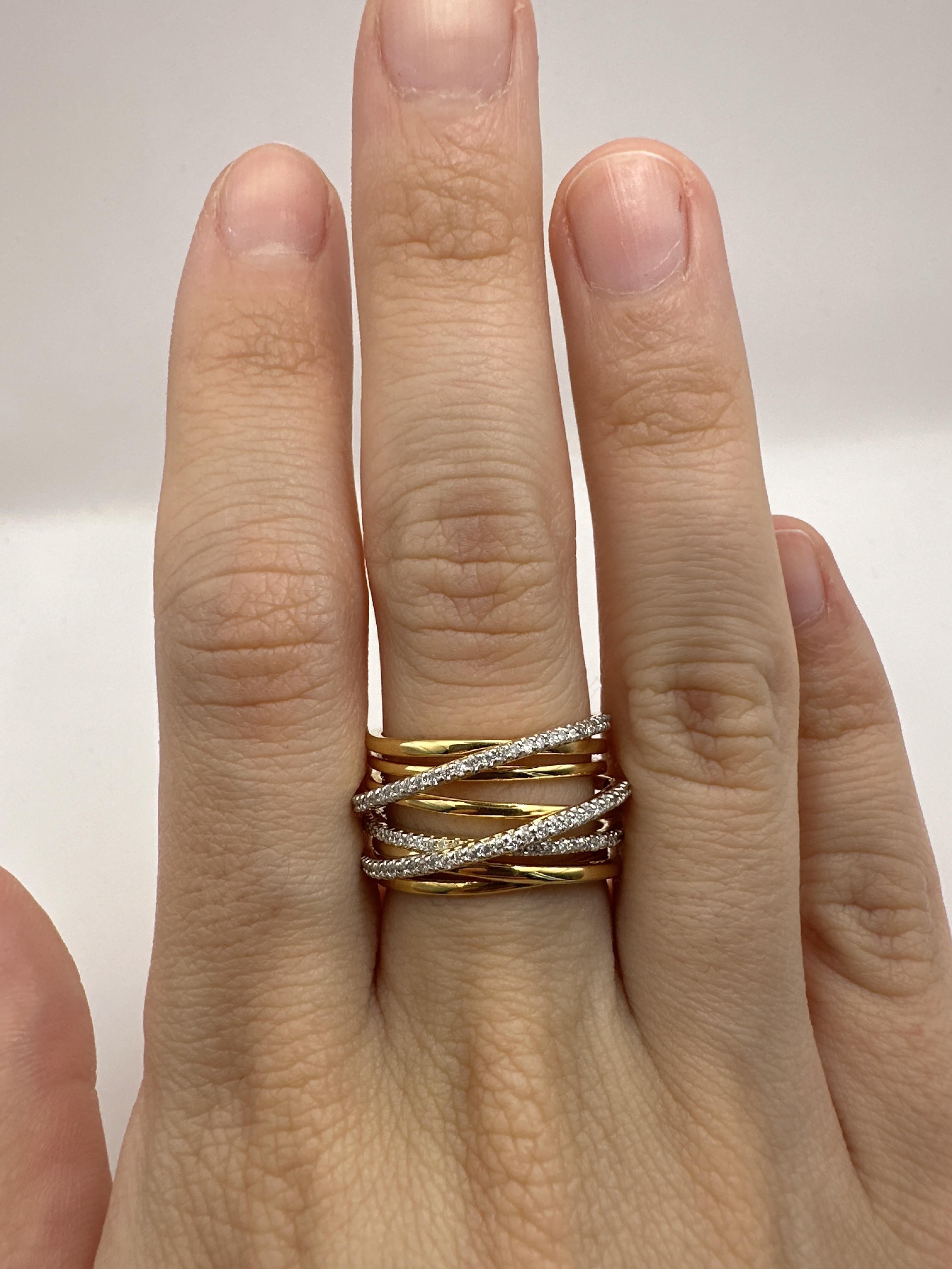 18k Yellow Gold Diamond Crossover Wide Band Ring For Sale 4
