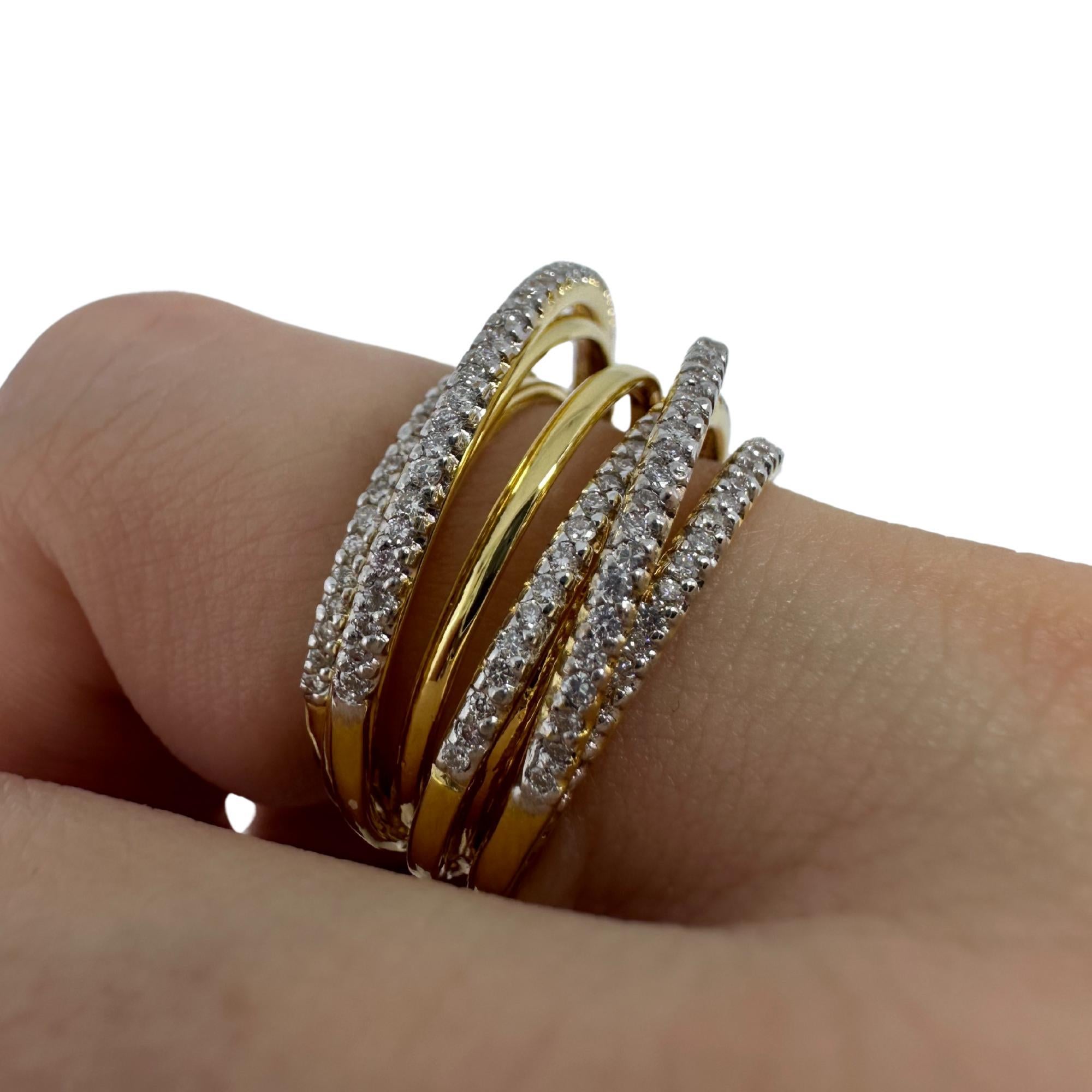 18K Yellow Gold Diamond Crossover Wide Band Ring For Sale 5