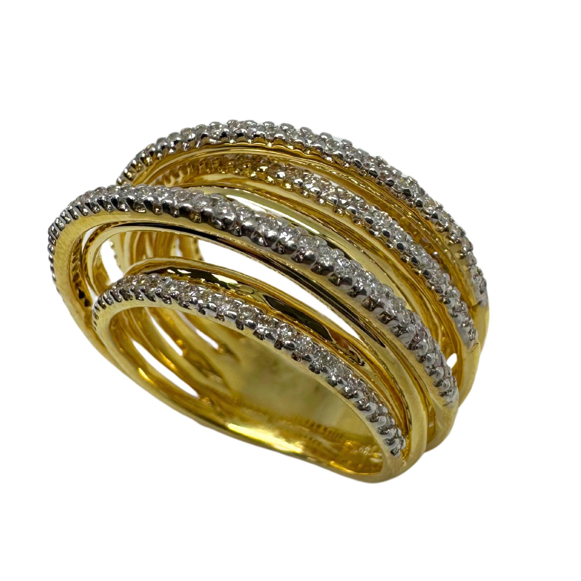 Round Cut 18K Yellow Gold Diamond Crossover Wide Band Ring For Sale