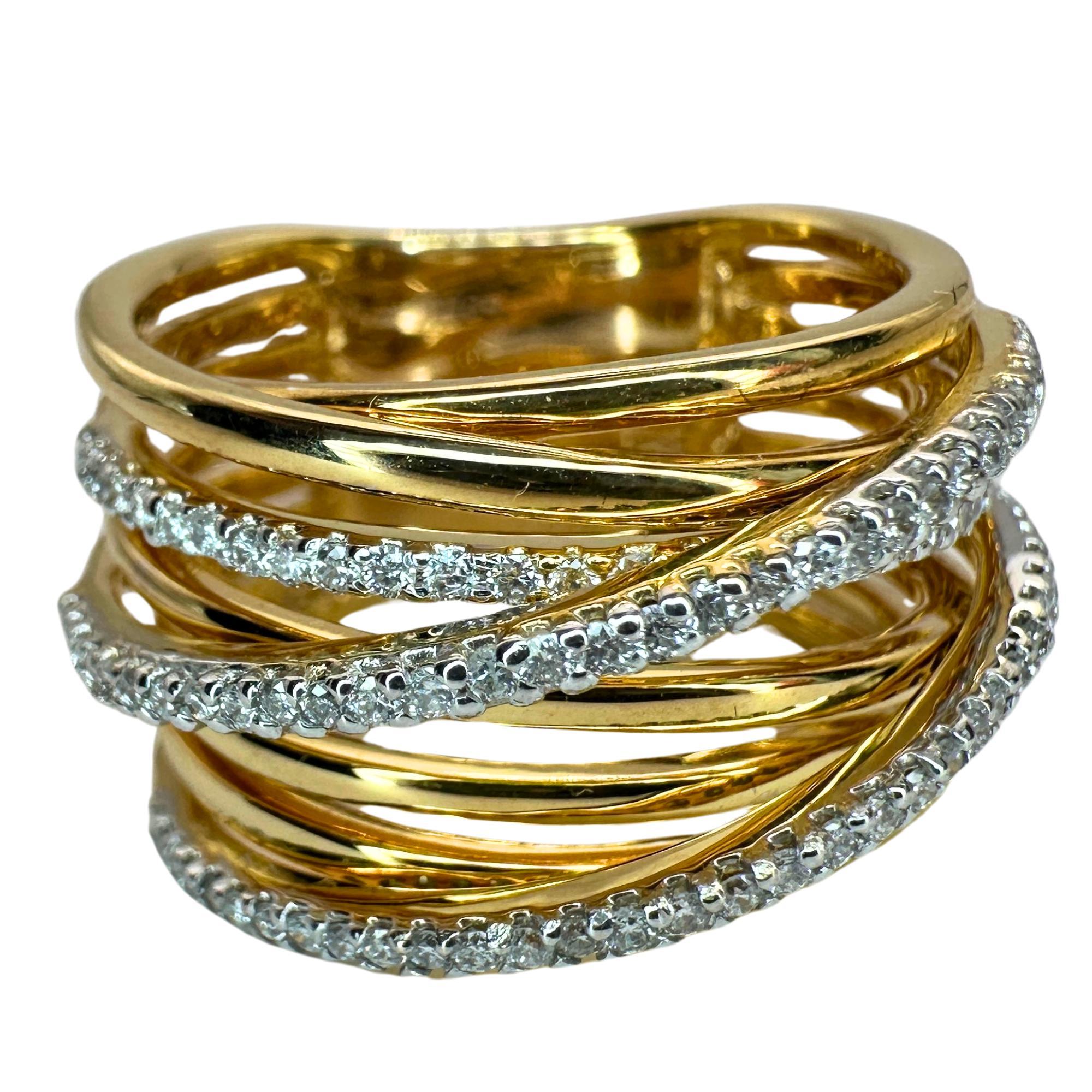 Round Cut 18k Yellow Gold Diamond Crossover Wide Band Ring