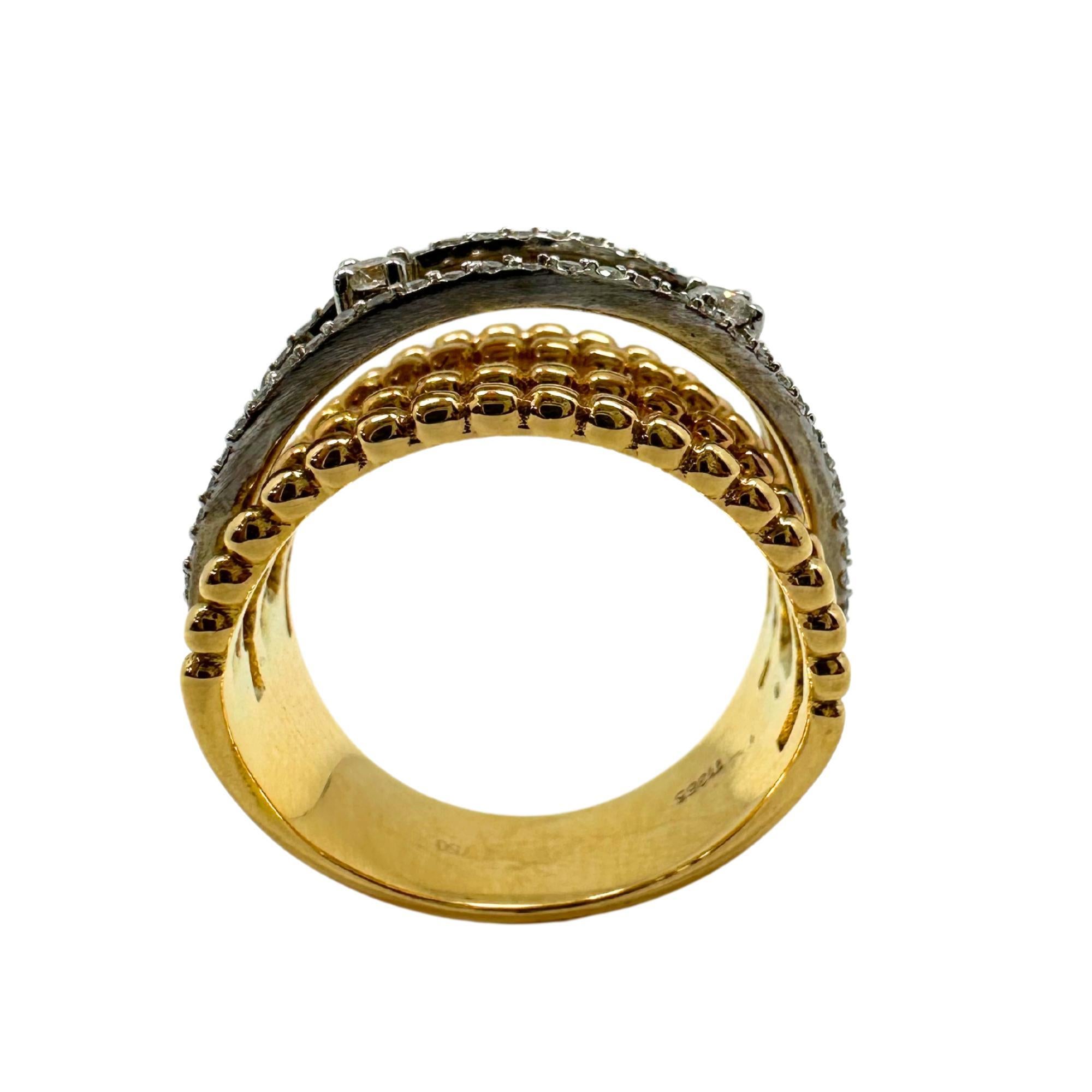 Round Cut 18K Yellow Gold Diamond Crossover Wide Band Ring For Sale