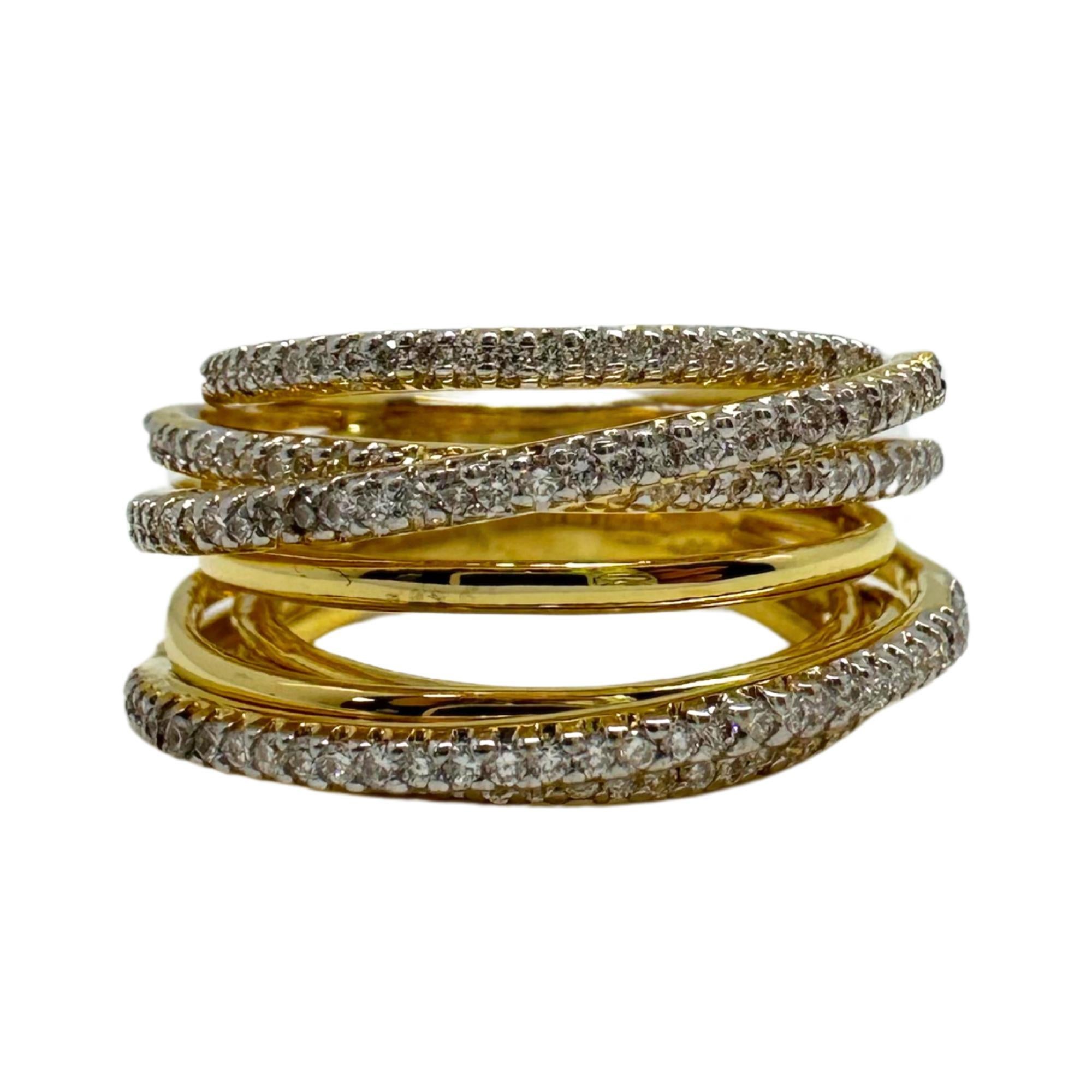 18K Yellow Gold Diamond Crossover Wide Band Ring In Good Condition For Sale In New York, NY