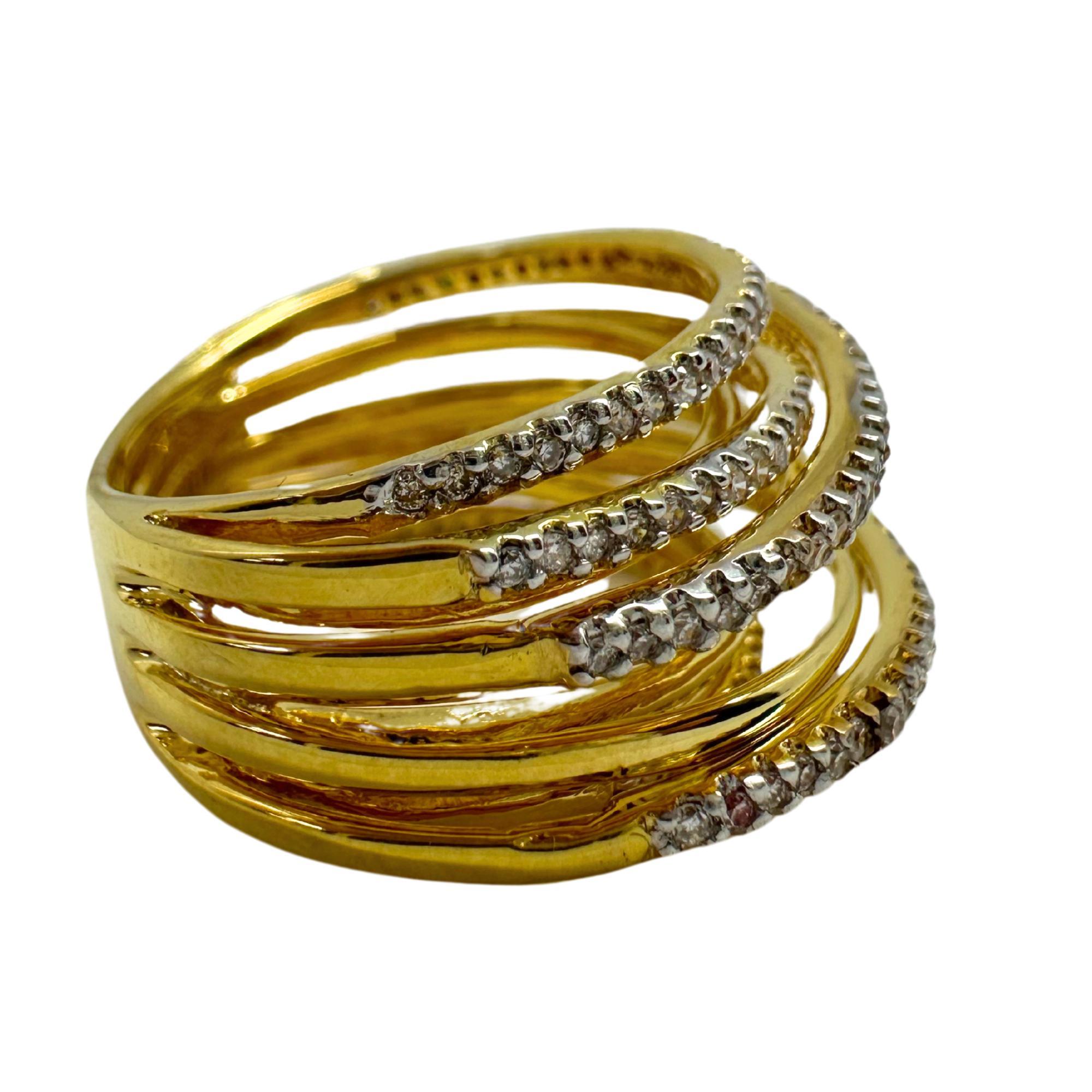 Women's 18K Yellow Gold Diamond Crossover Wide Band Ring For Sale