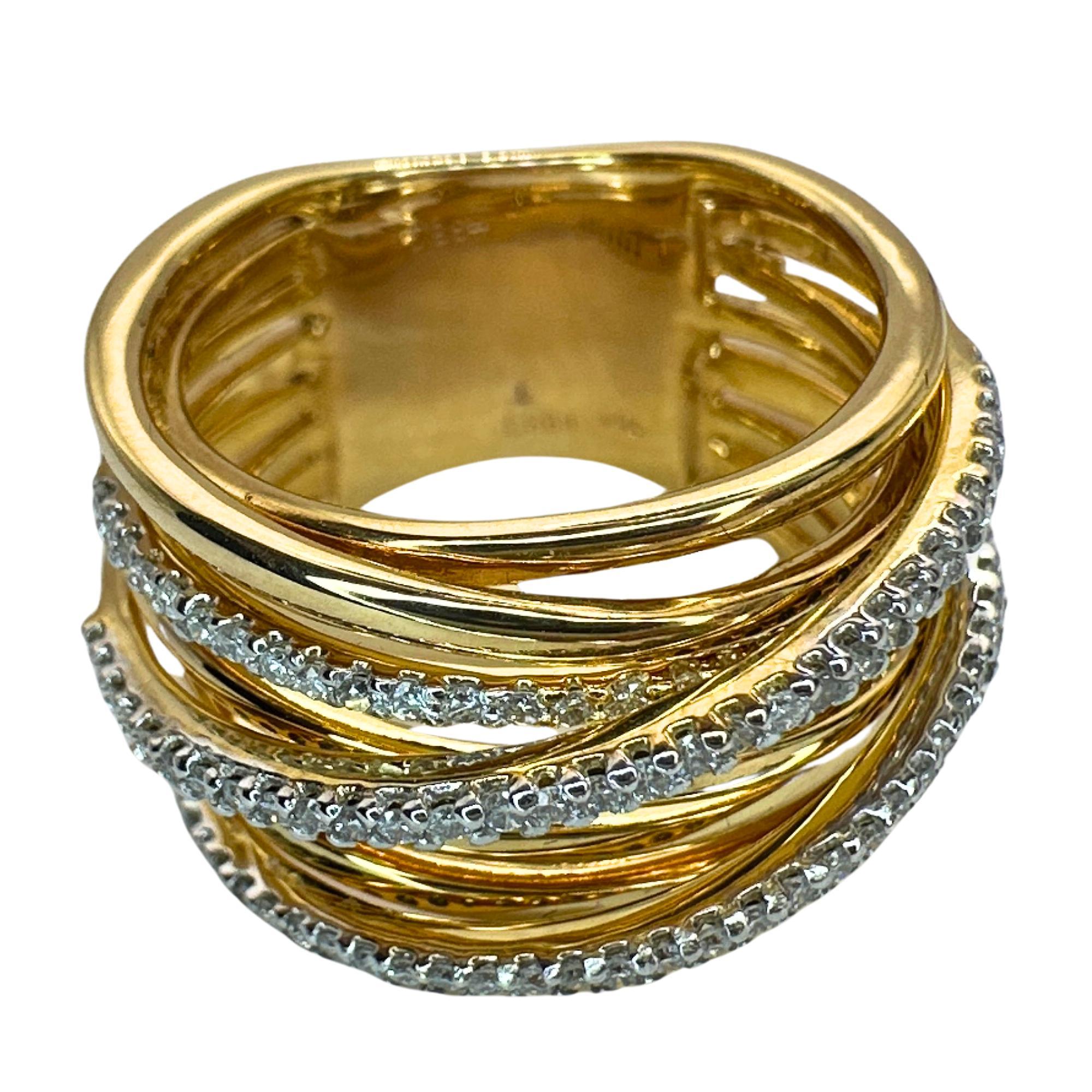 Women's 18k Yellow Gold Diamond Crossover Wide Band Ring For Sale