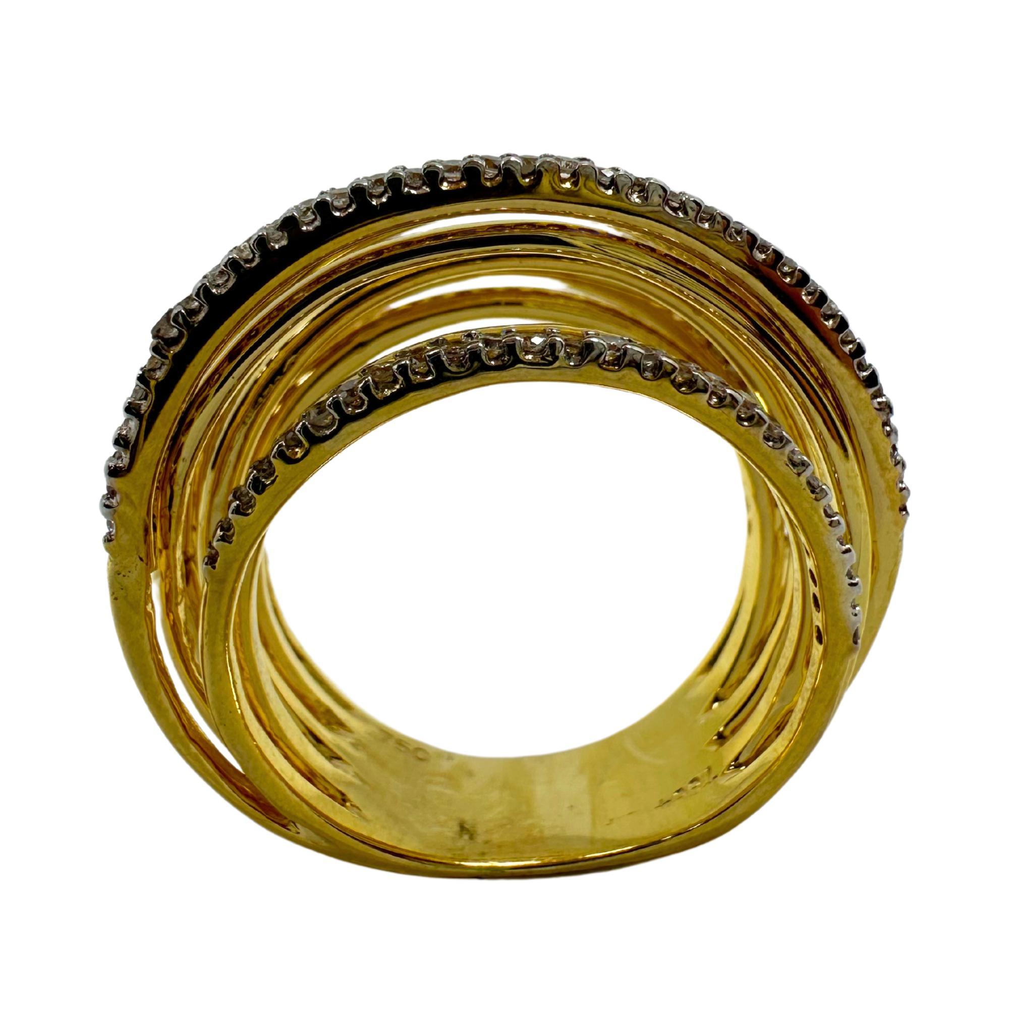 18K Yellow Gold Diamond Crossover Wide Band Ring For Sale 1