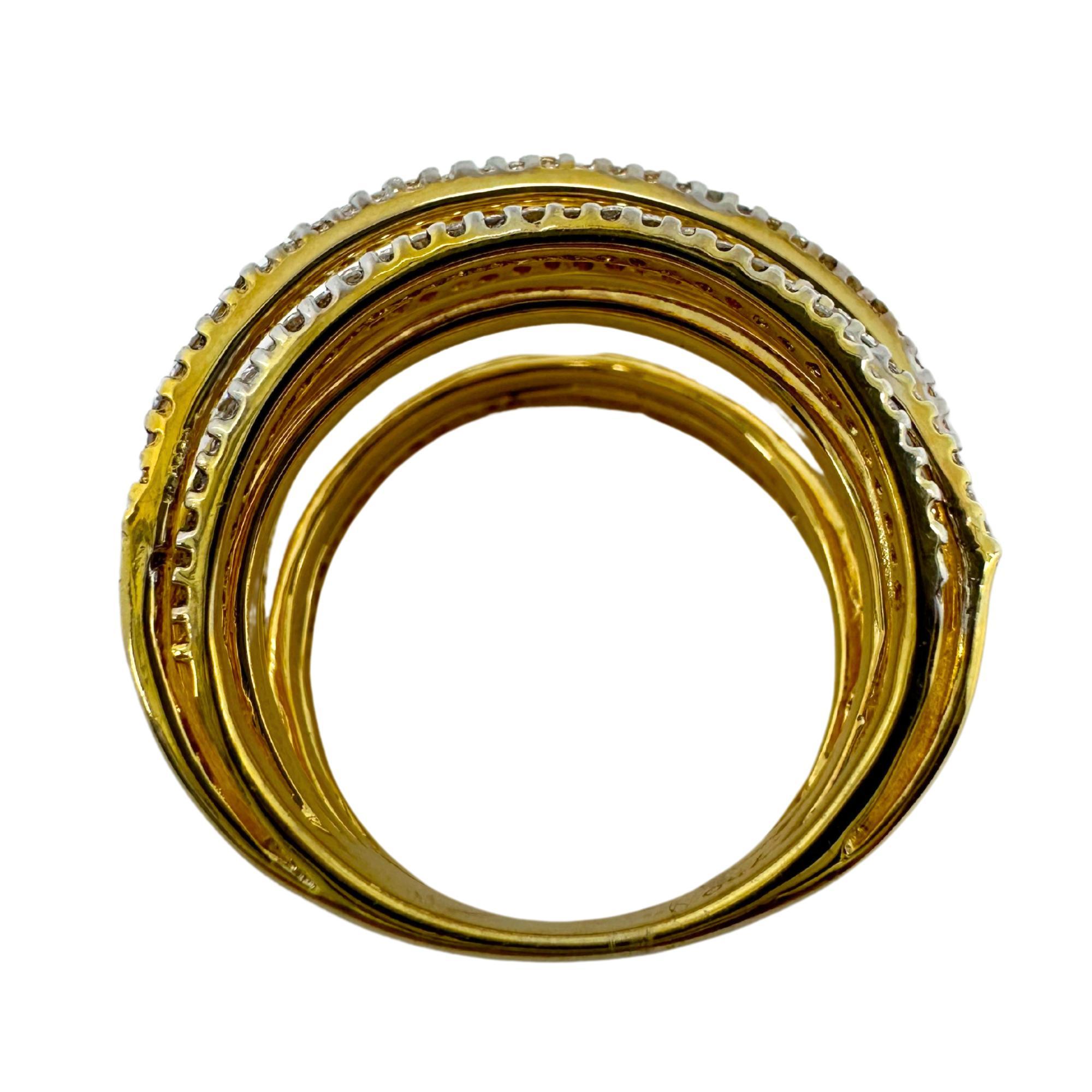 18K Yellow Gold Diamond Crossover Wide Band Ring For Sale 2