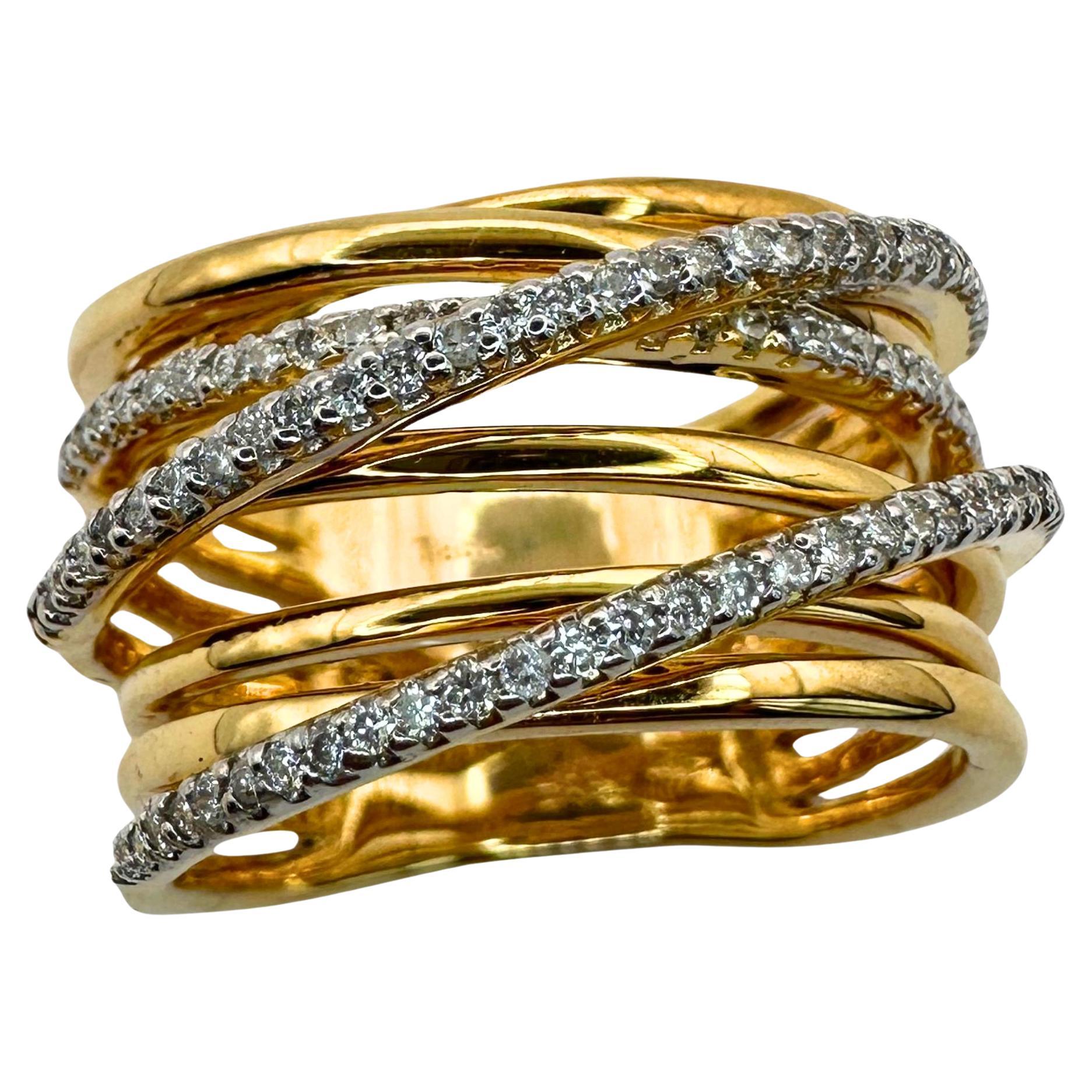 18k Yellow Gold Diamond Crossover Wide Band Ring For Sale