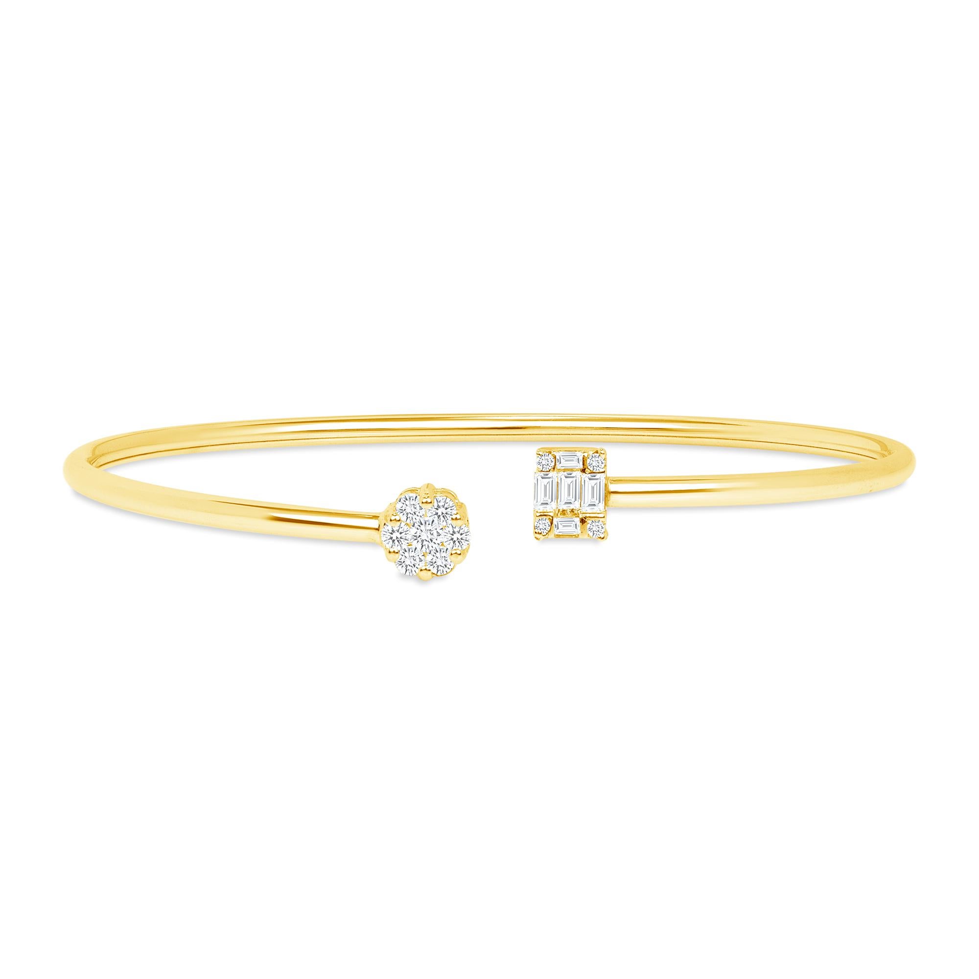 18k Yellow Gold Diamond Cuff Bangle Bracelet, 0.50 ct Diamond Bracelet, Open Cuff Bangle, Illusion Bracelet

Description

This is a beautiful diamond design 18k Gold bangle. encrusted with Round and Baguette Natural Diamonds. The illusion provided