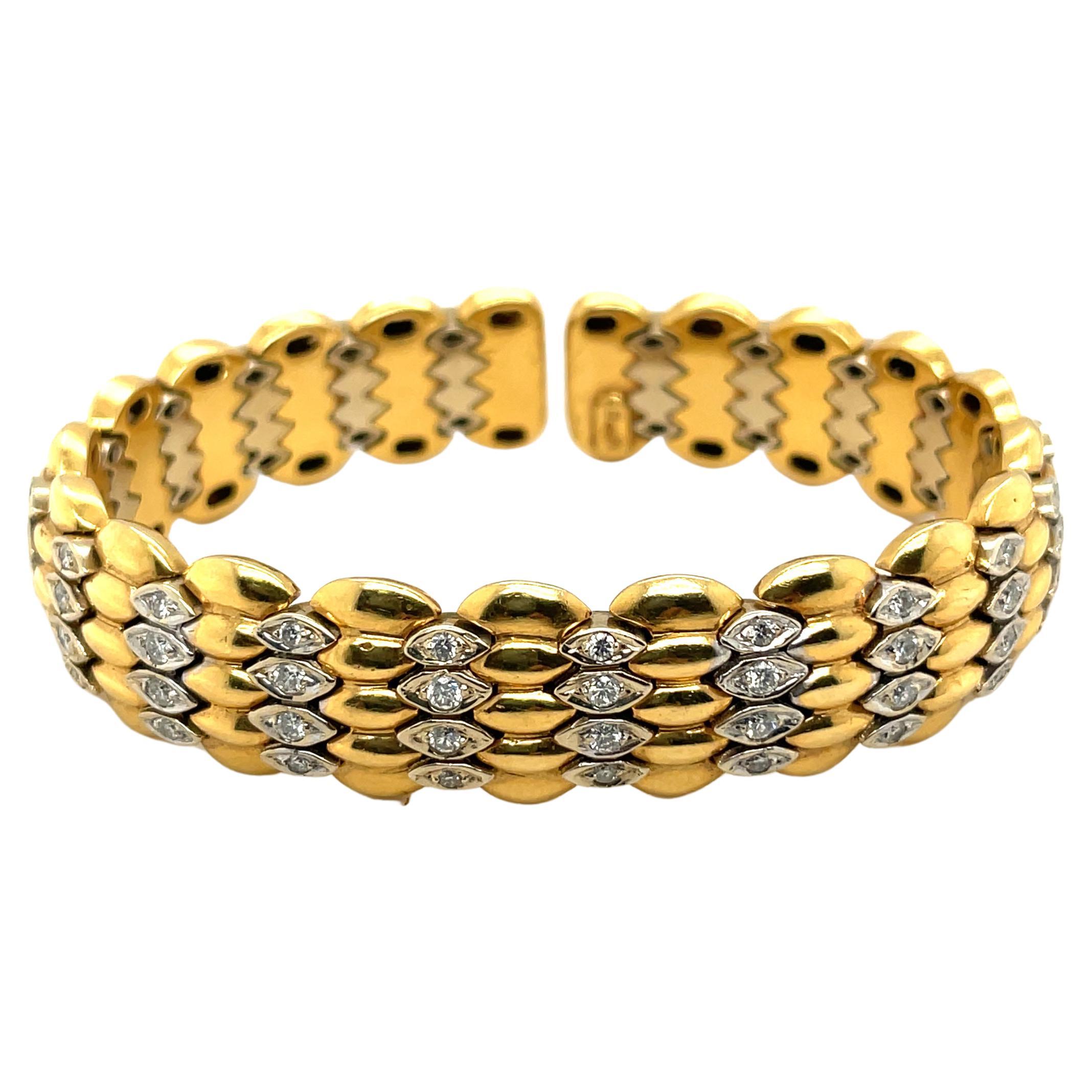 18K Yellow Gold Diamond Cuff Bangle Bracelet For Sale