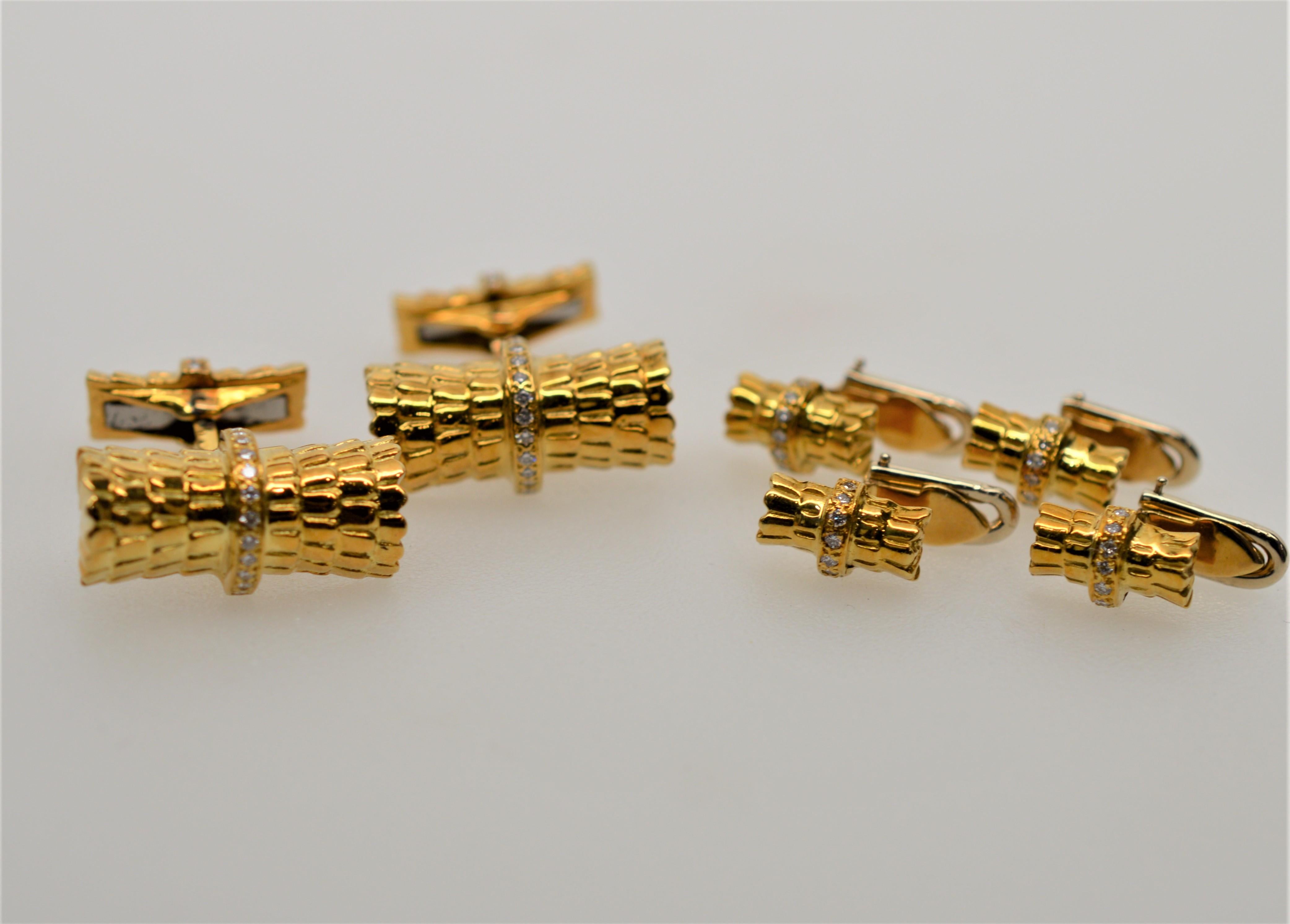 Sophisticated six-piece eighteen karat (18K) yellow gold cuff links and stud set in mint condition.  With elegant eighteen karat (18K) yellow gold with diamond accents, the presenting cuff links measure approximately 6/8 inch in length by 3/8 inch