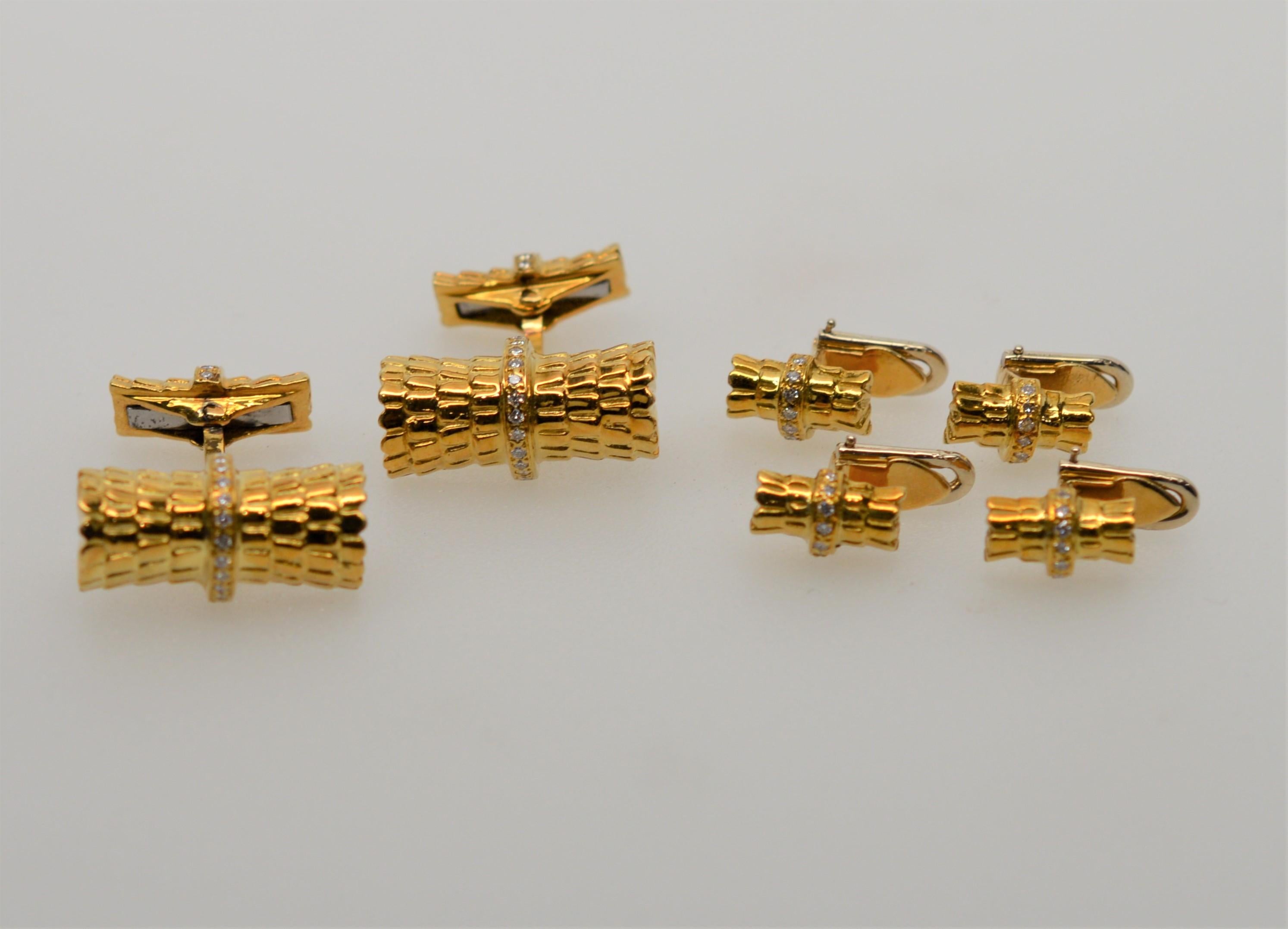 18K Yellow Gold Diamond Cuff Link Stud Set  In Excellent Condition In Mount Kisco, NY