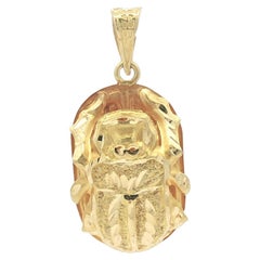 18k Yellow Gold Diamond Cut Scarab Pendant w/ Egyptian Hieroglyphics on Back