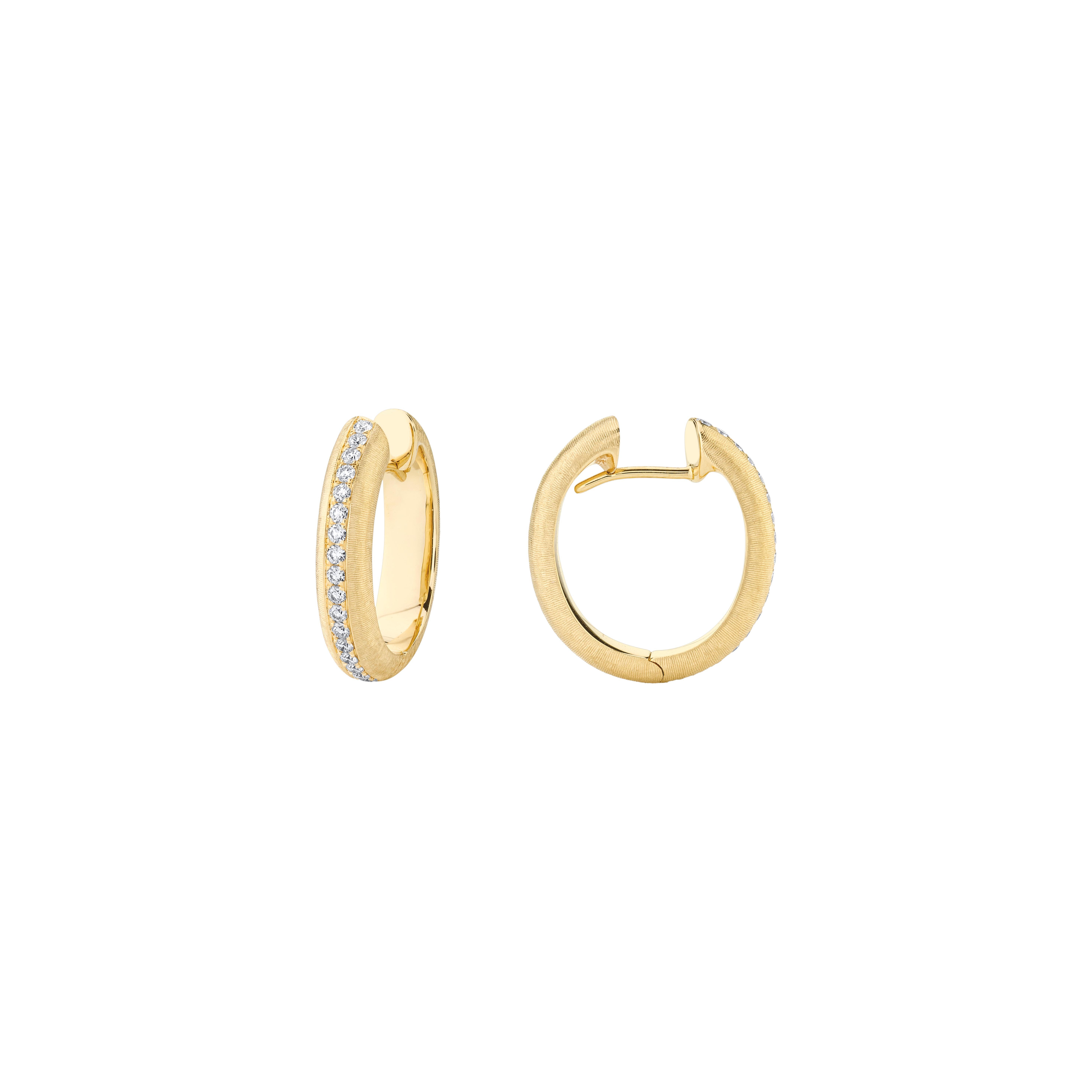 Style #: XH154E.
SYLVIA KONTENTE  18K Yellow gold diamond hoop earrings with hand-engraved finish.
Precision-cut, round brilliant diamonds.
Diamond total weight: 0.31ct tw.
Diamond color/clarity: DEF/VVS VS.
Hand-engraved finish - The ancient art of