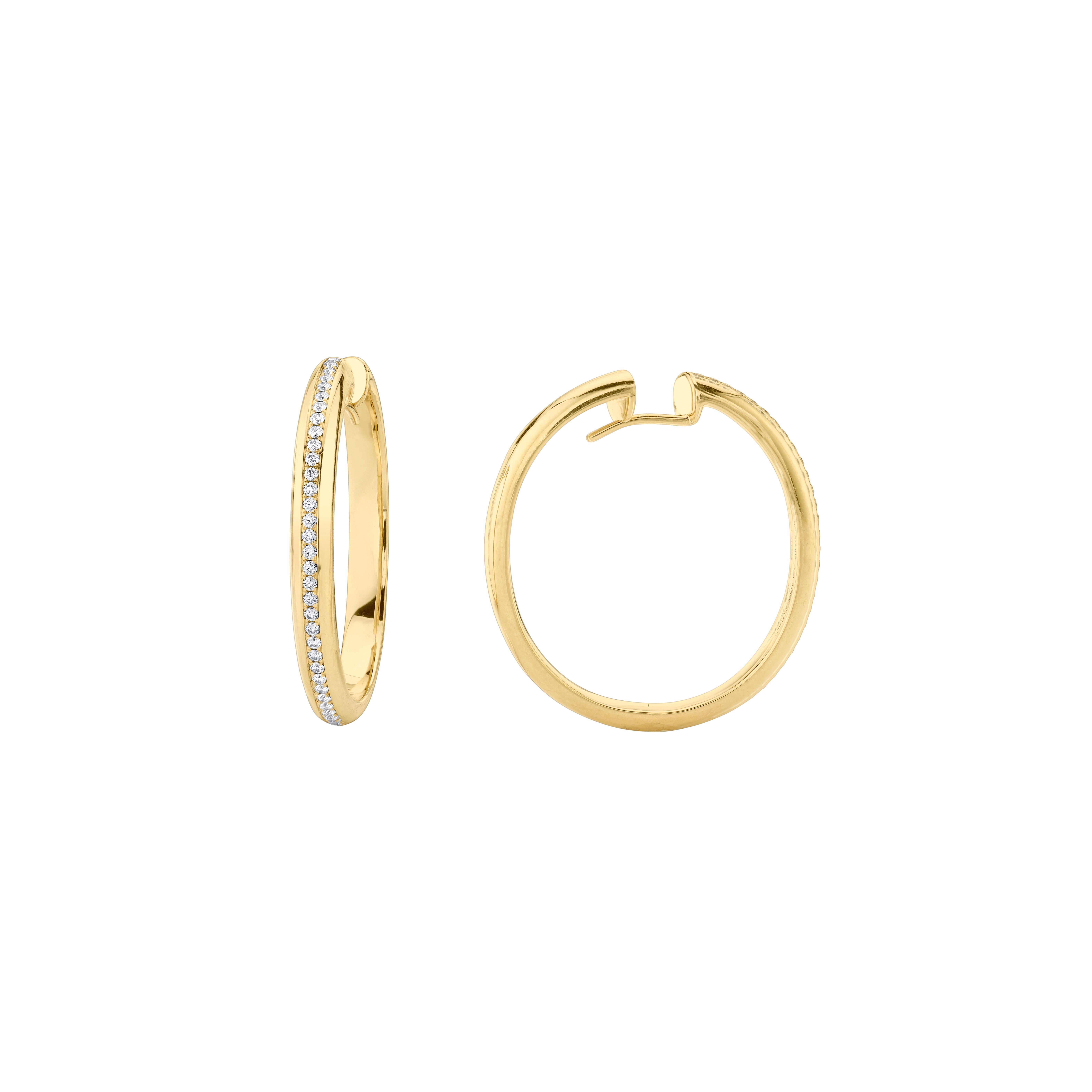 Style #: XH304P.
SYLVIA KONTENTE  18K Yellow gold diamond hoop earrings with polished finish.
Precision-cut, round brilliant diamonds.
Diamond total weight: 0.62ct tw.
Diamond color/clarity: DEF/VVS VS.
Polished finish.
High-end construction.
Size: