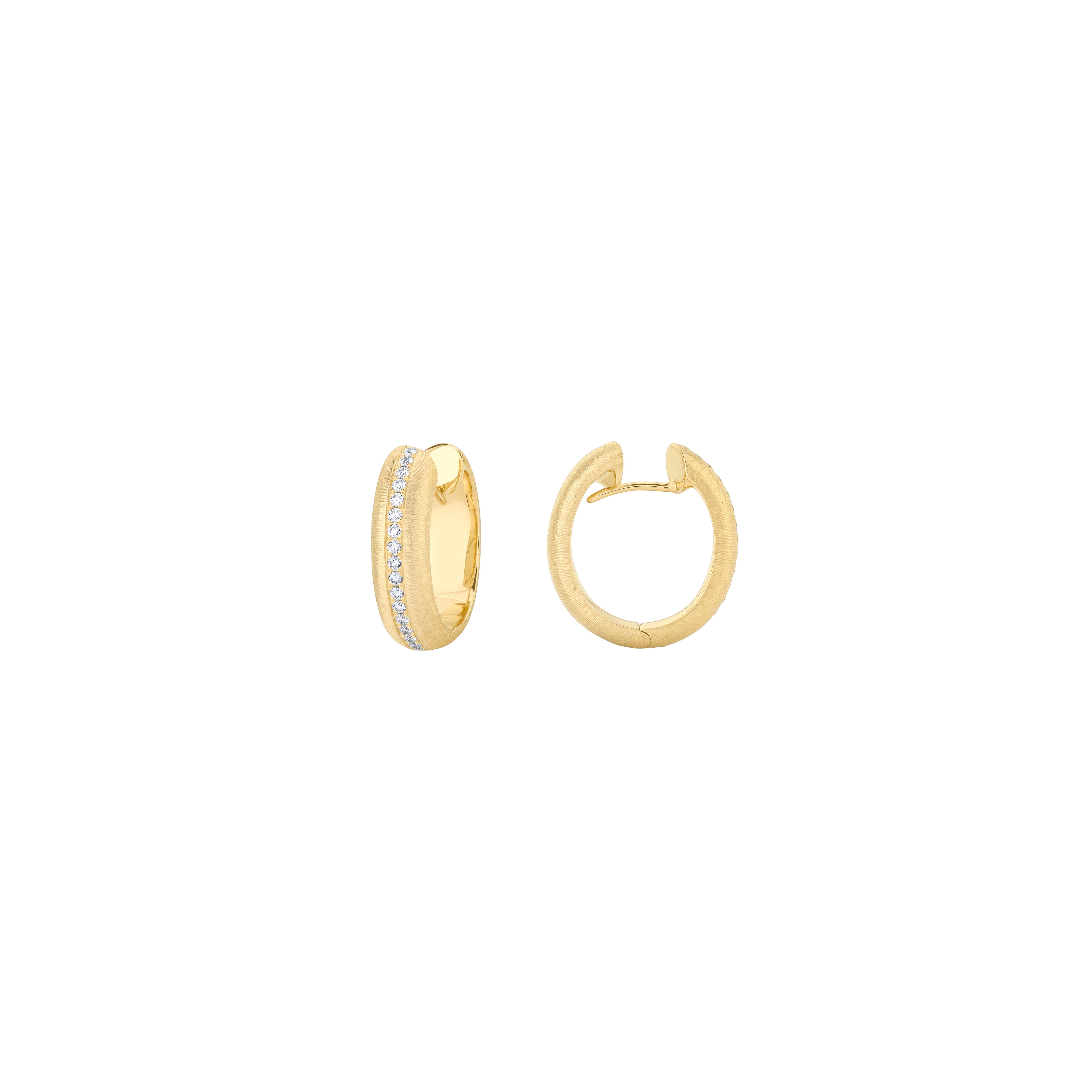 Style #: XH15E.
SYLVIA KONTENTE  18K Yellow gold diamond hoop earrings with hand-engraved finish.
Precision-cut, round brilliant diamonds.
Diamond total weight: 0.31ct tw.
Diamond color/clarity: DEF/VVS VS.
Hand-engraved finish - The ancient art of