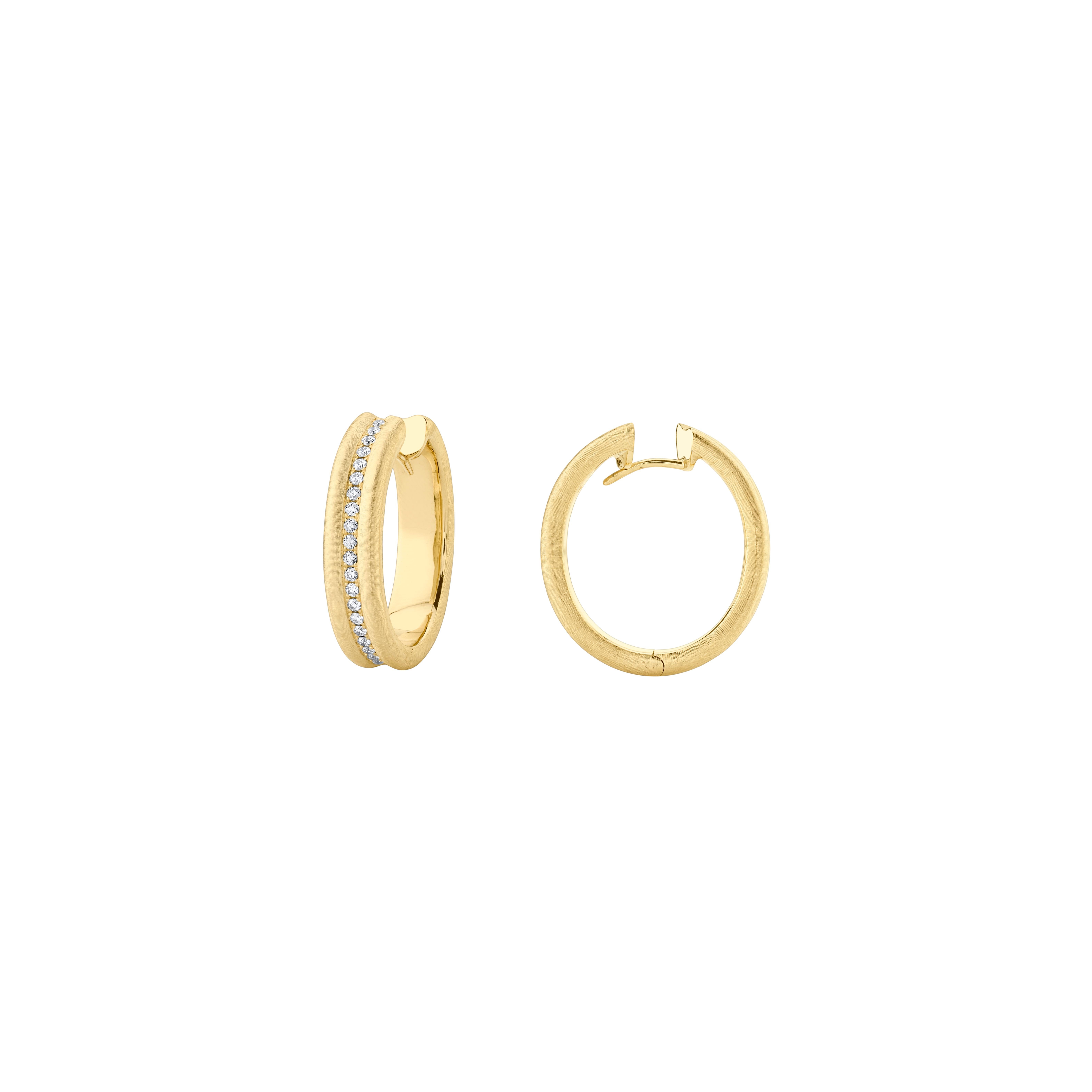 Style #: QH20E.
SYLVIA KONTENTE  18K Yellow gold diamond hoop earrings with hand-engraved finish.
Precision-cut, round brilliant diamonds.
Diamond total weight: 0.37ct tw.
Diamond color/clarity: DEF/VVS VS.
Hand-engraved finish - The ancient art of