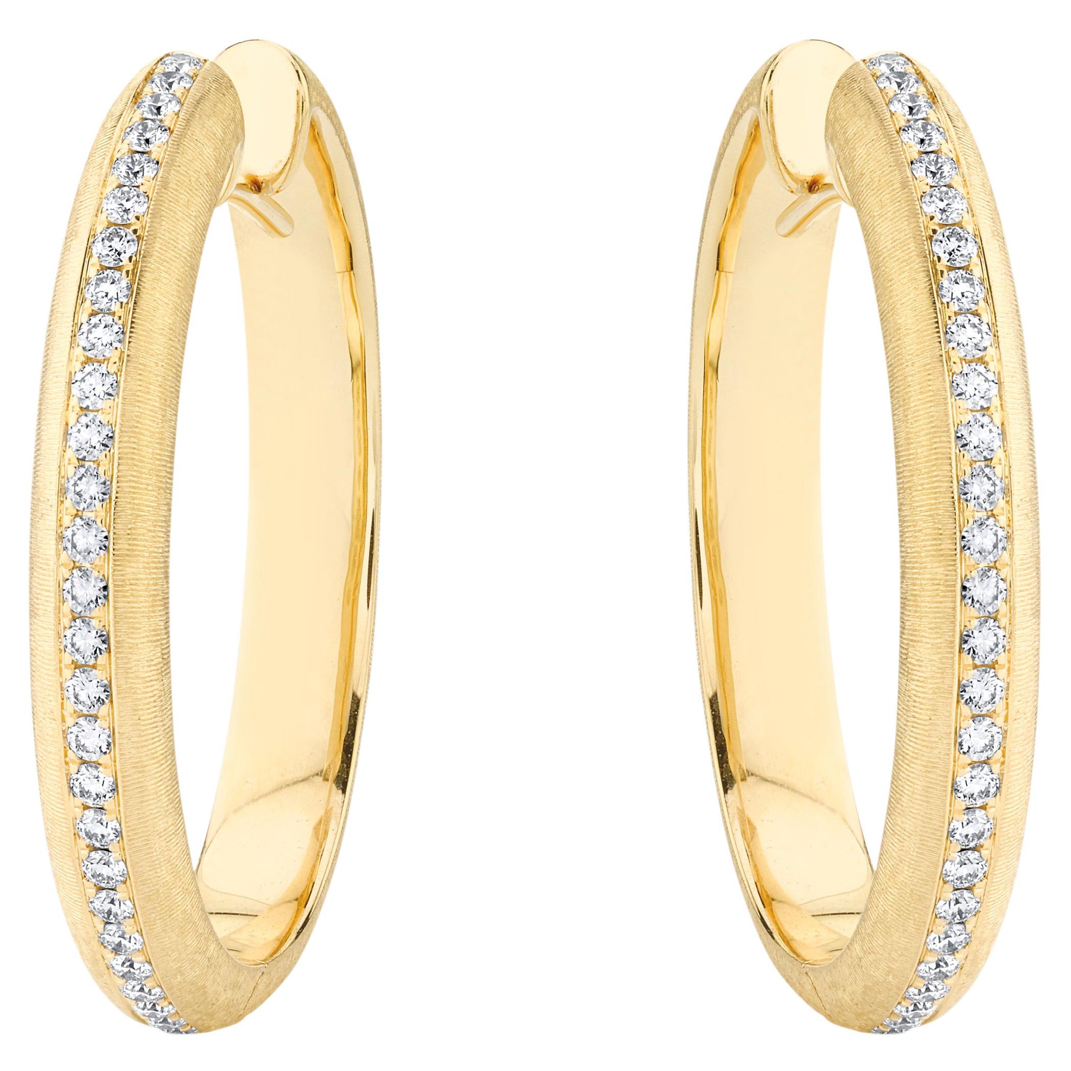 Small Brushed 18 Karat Yellow Gold and Diamond Hoop Earrings For Sale